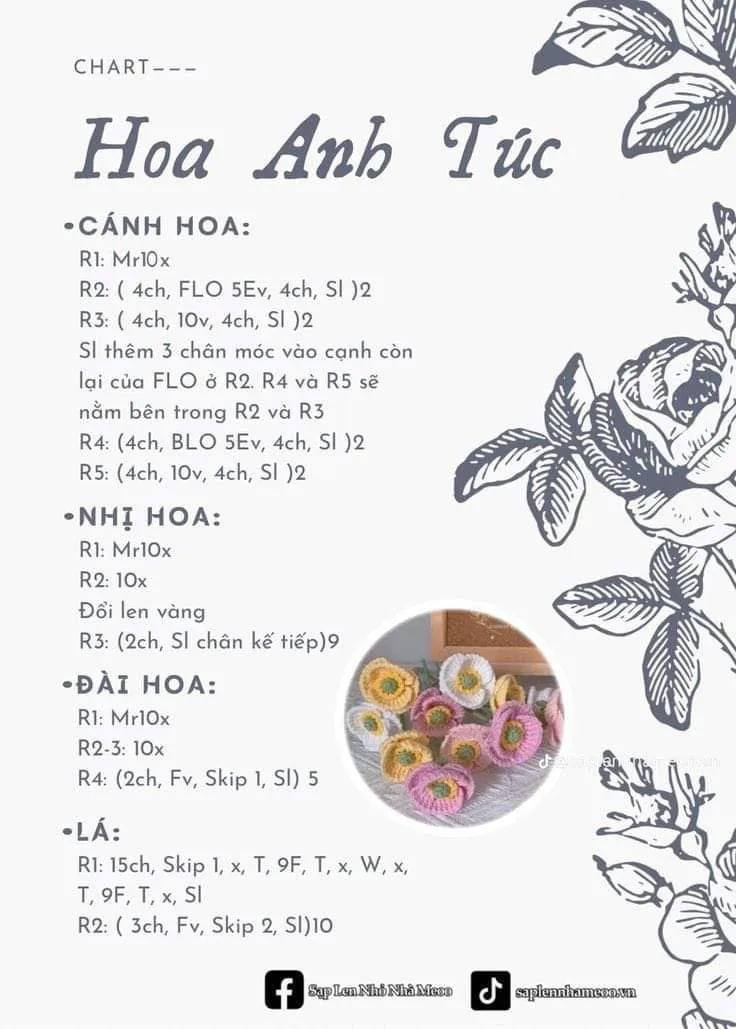 chart móc len hoa anh túc hồng vàng trắng.