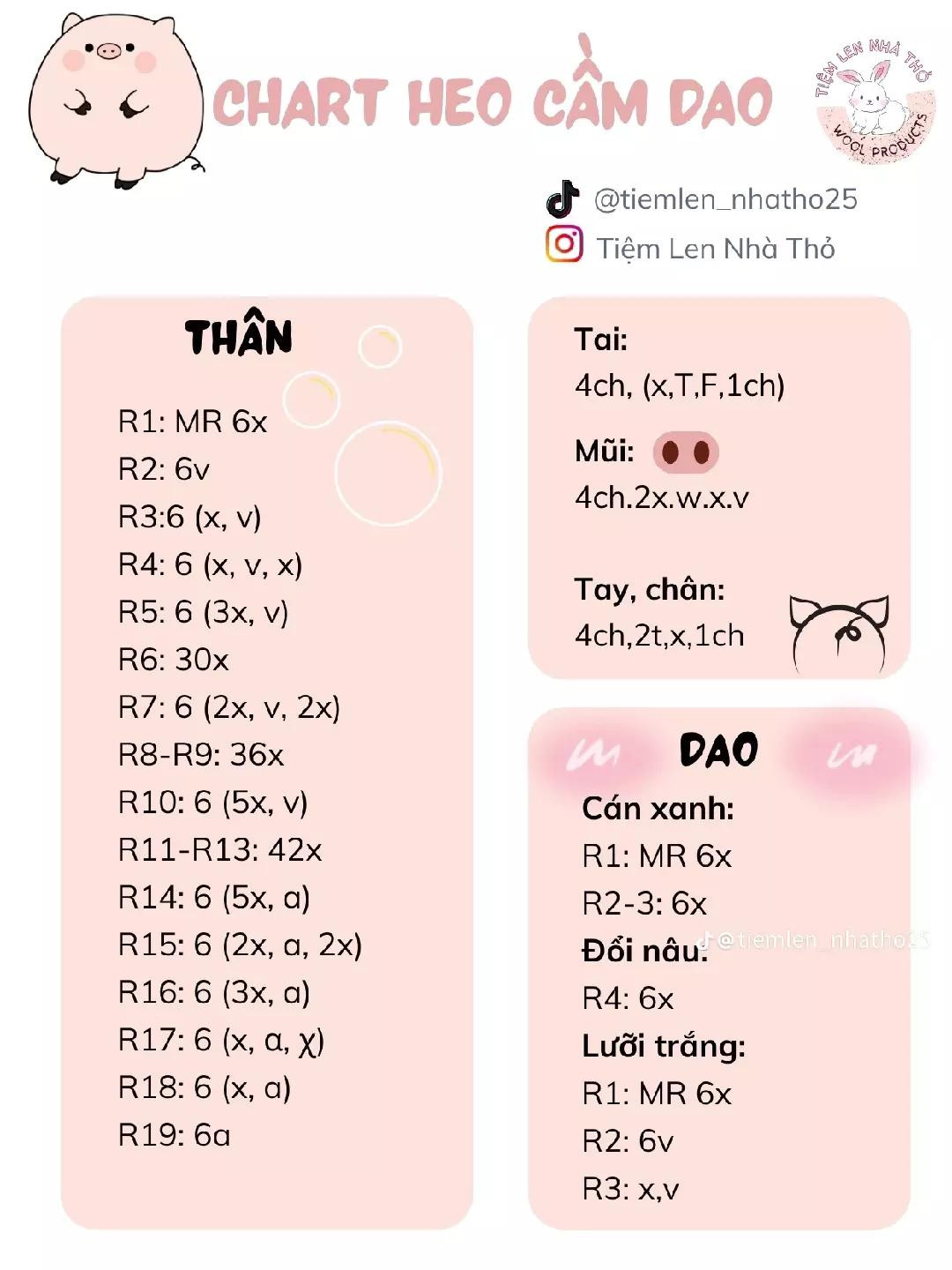 chart móc len móc khóa heo  mũi hồng cầm dao