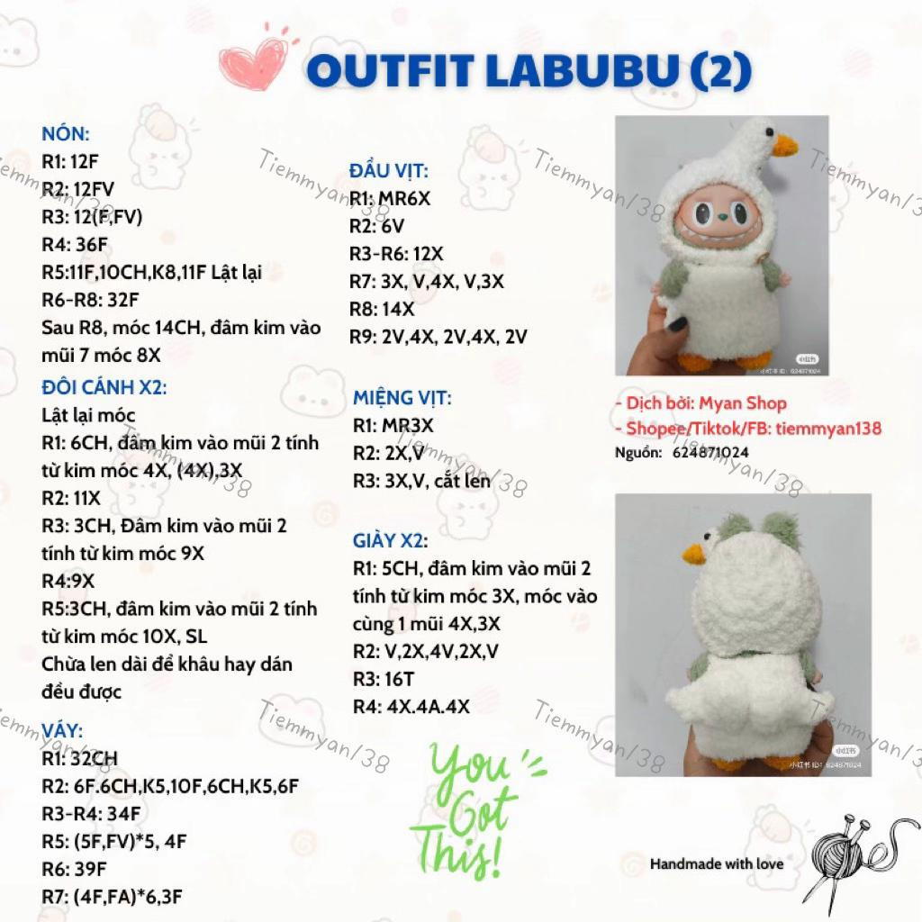 chart móc len outfit labubu đội mũ vịt.