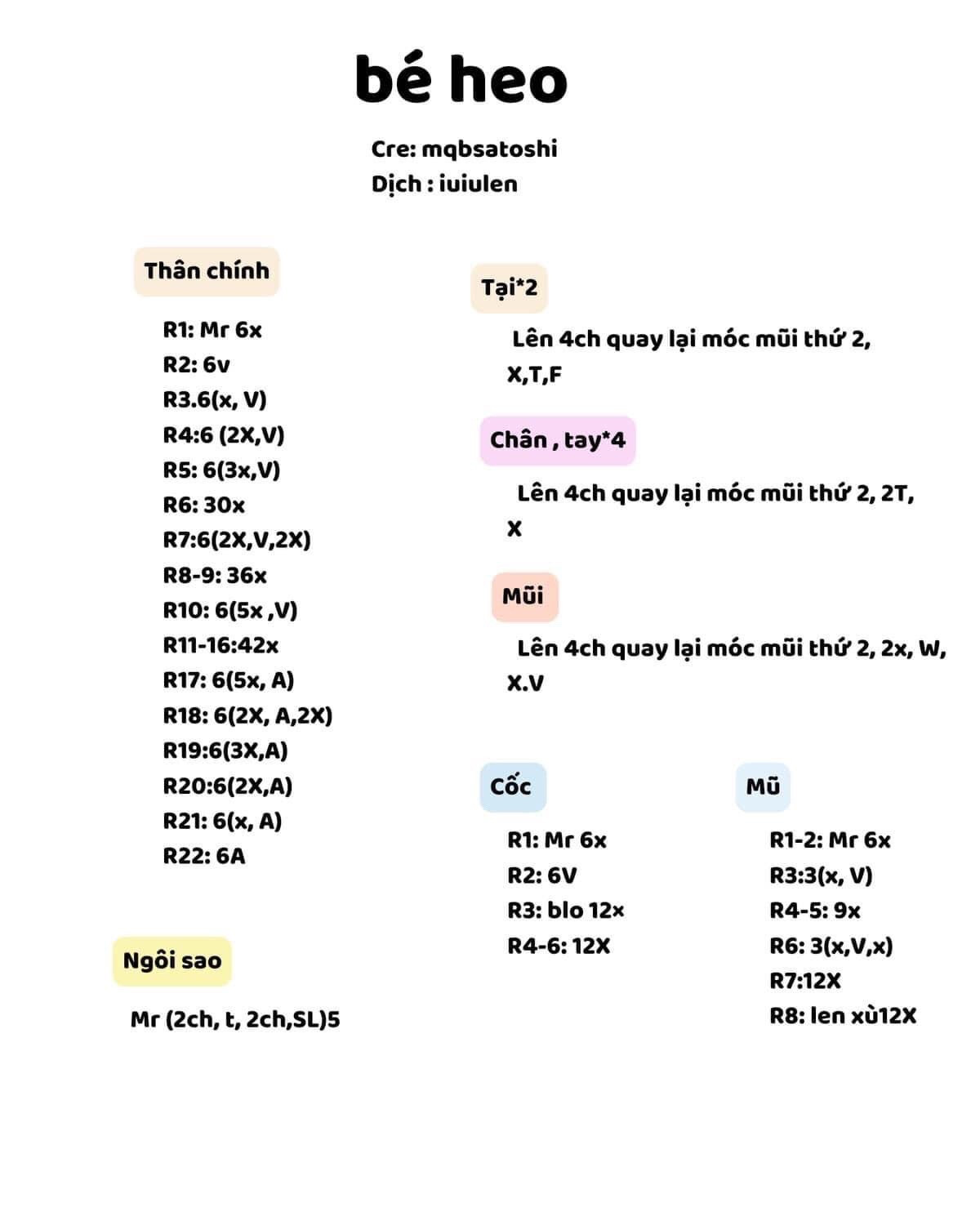 chart móc len thỏ cute, mochi chân mèo, bé heo, voi xám