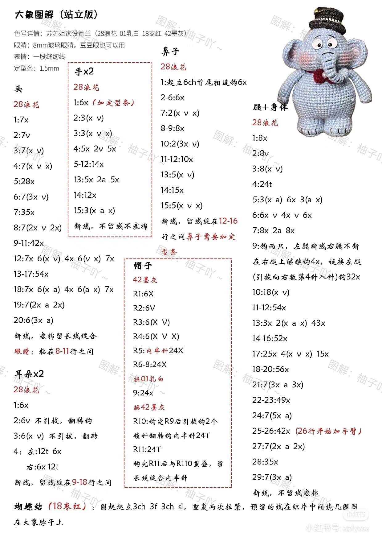 chart móc len thỏ cute, mochi chân mèo, bé heo, voi xám