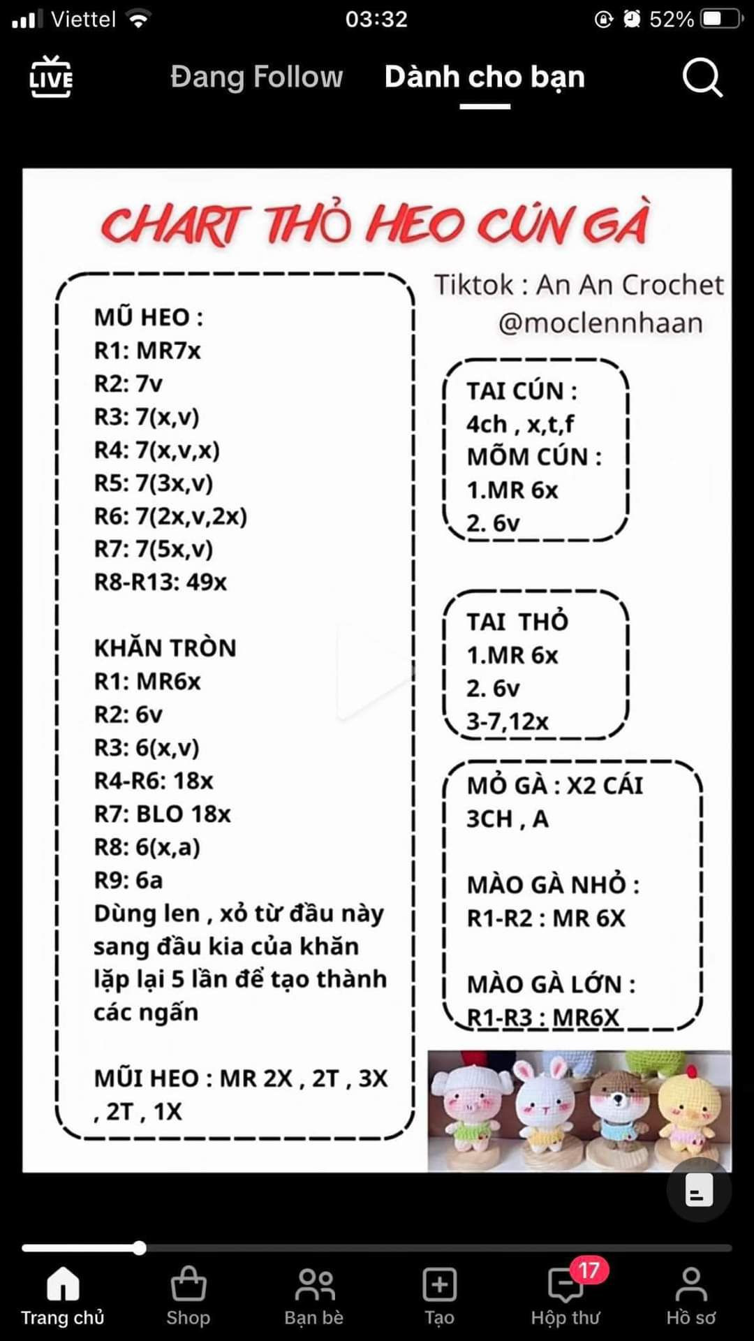 chart móc len thỏ heo cún gà