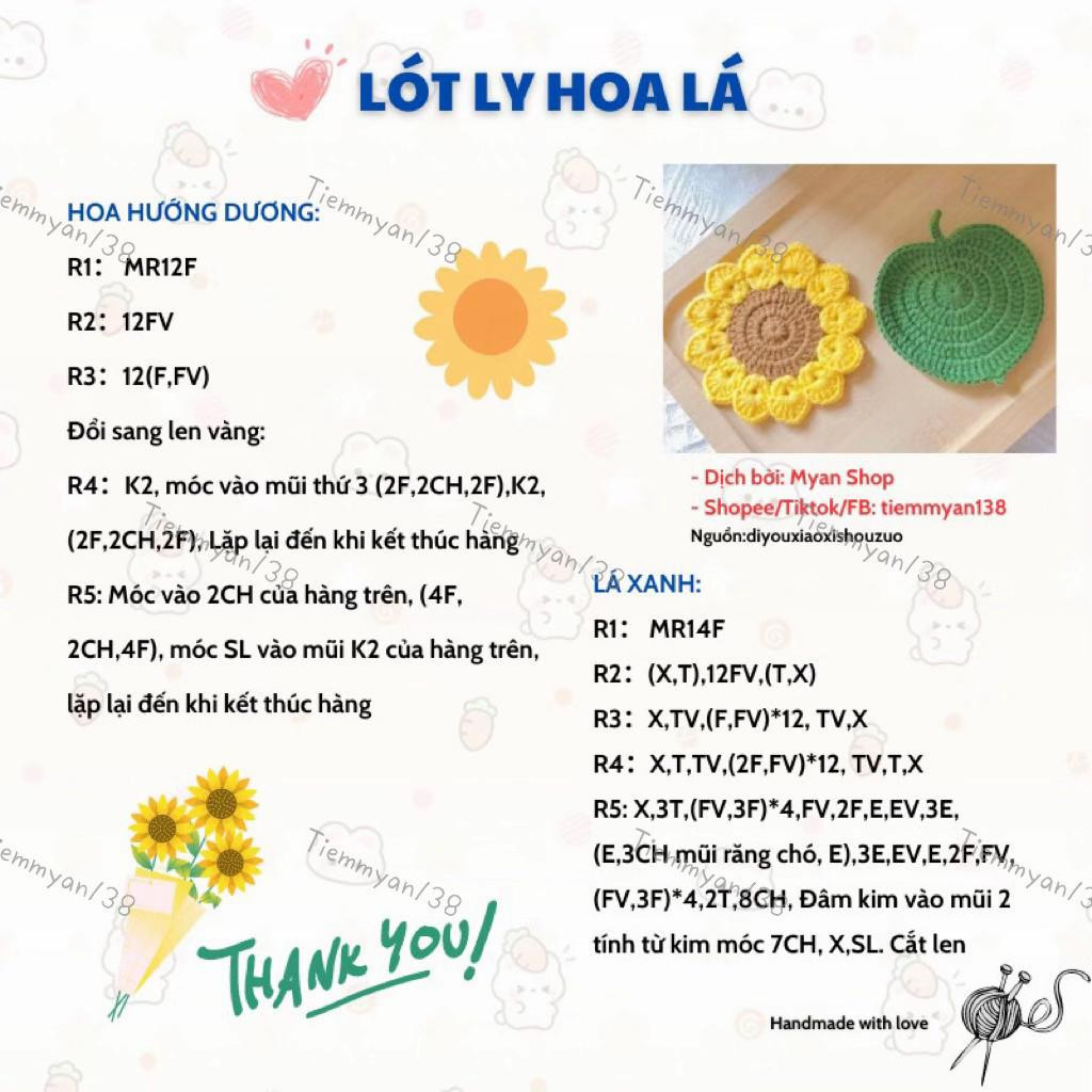 Chart móc lót ly hoa hướng dương và lá tặng bạn nhen 🌻🍃