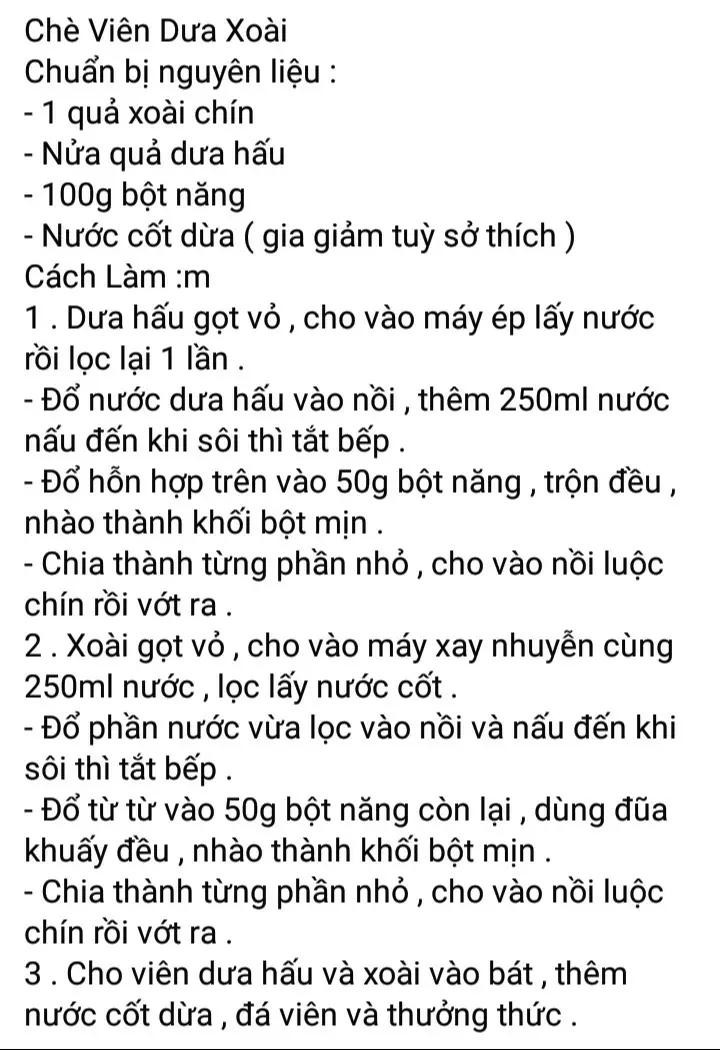 Chè viên dưa xoài, chè xoài bột báng, chè xoài viên bột nếp, chè thạch đào sữa, chè dưa bạc hà, chè viên thanh mai.