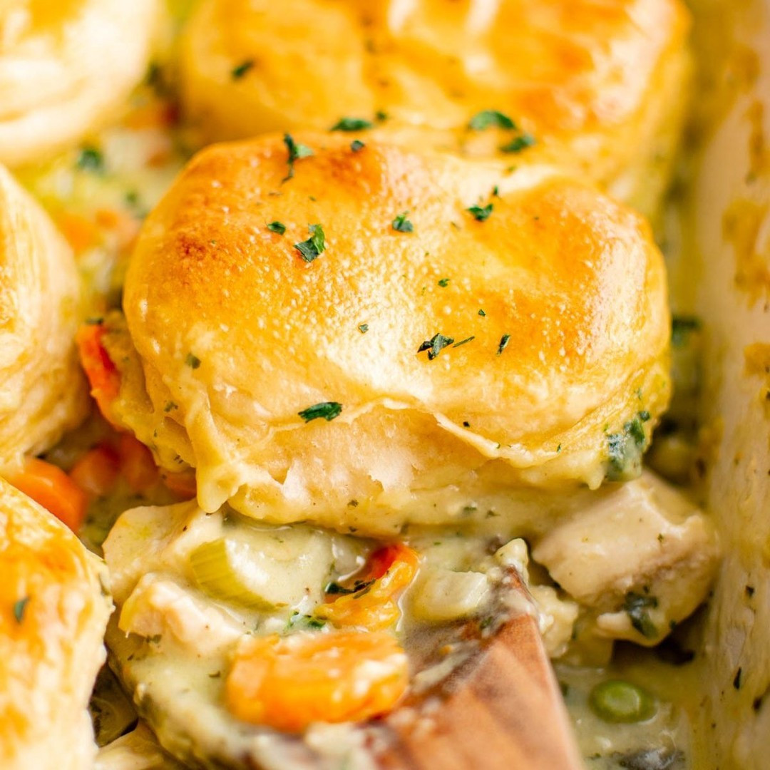 Chicken Pot Pie with Biscuits is comforting, super easy to make, and a perfect use for leftover chicken.