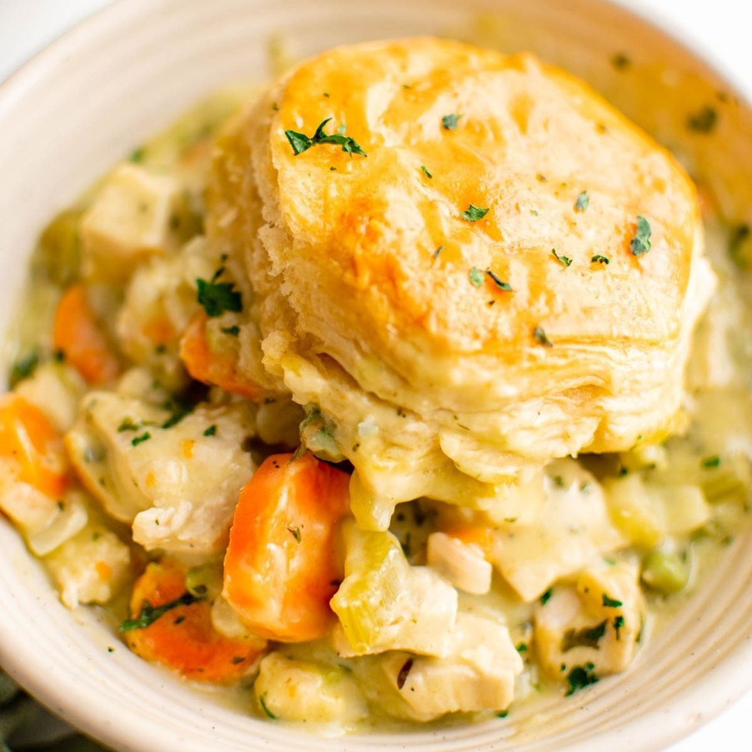 Chicken Pot Pie with Biscuits is comforting, super easy to make, and a perfect use for leftover chicken.