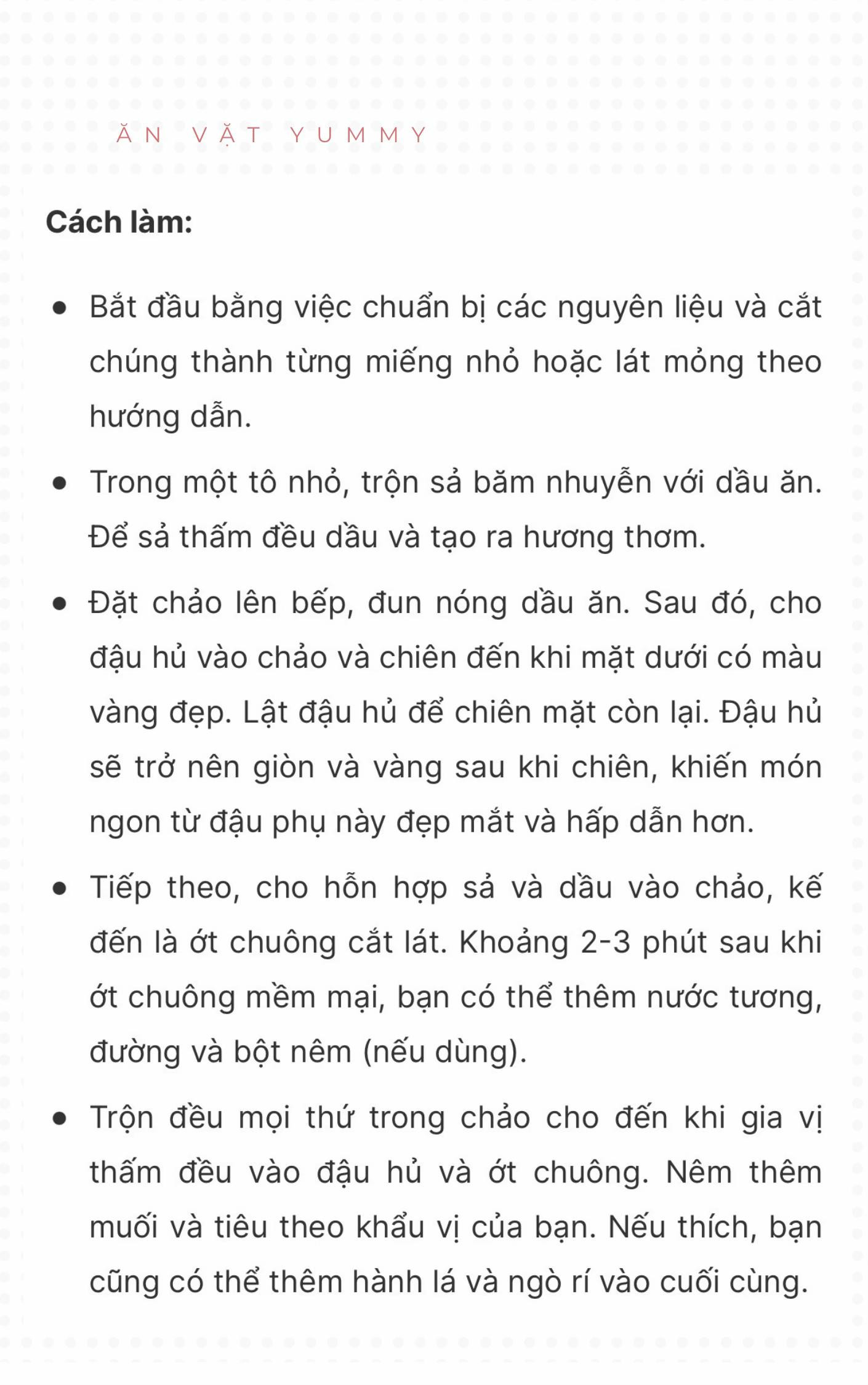 Công thức 15 món từ đậu dễ làm, cực kì thơm ngon: đậu hũ chiên sả ớt, canh rong biển đậu hũ, đậu hũ kho tiêu, đậu hũ kho trứng cút, đậu hũ kho nước tương, đậu hũ sốt chua ngọt, đậu phụ cuốn lá lốt,