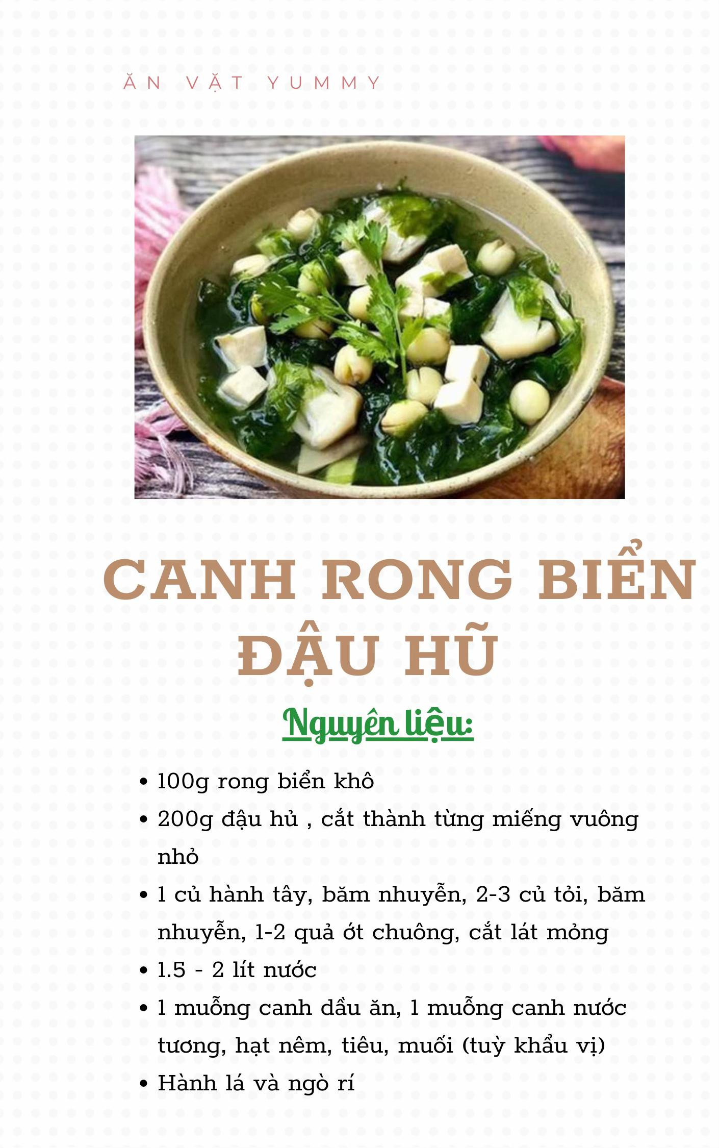 Công thức 15 món từ đậu dễ làm, cực kì thơm ngon: đậu hũ chiên sả ớt, canh rong biển đậu hũ, đậu hũ kho tiêu, đậu hũ kho trứng cút, đậu hũ kho nước tương, đậu hũ sốt chua ngọt, đậu phụ cuốn lá lốt,