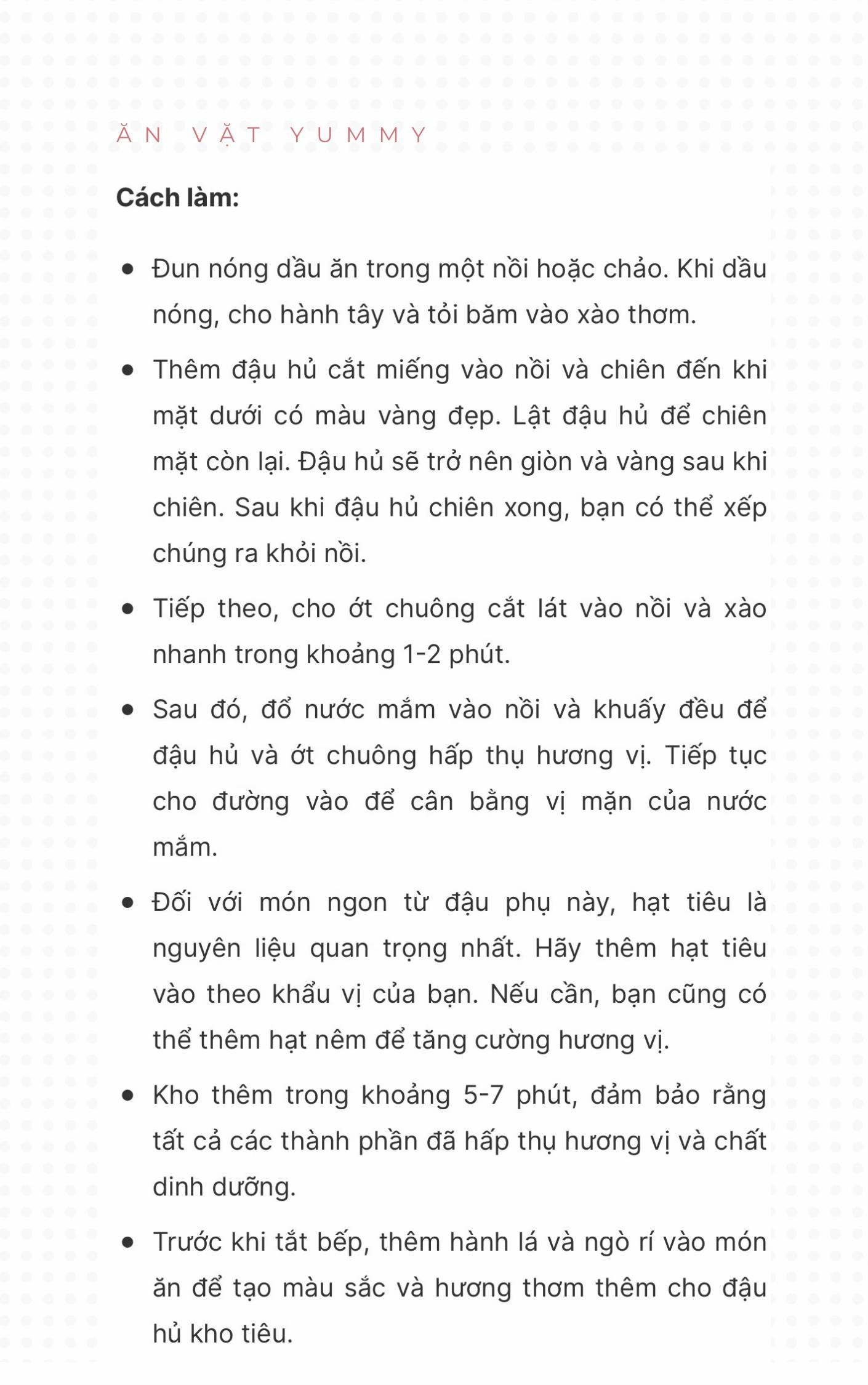 Công thức 15 món từ đậu dễ làm, cực kì thơm ngon: đậu hũ chiên sả ớt, canh rong biển đậu hũ, đậu hũ kho tiêu, đậu hũ kho trứng cút, đậu hũ kho nước tương, đậu hũ sốt chua ngọt, đậu phụ cuốn lá lốt,