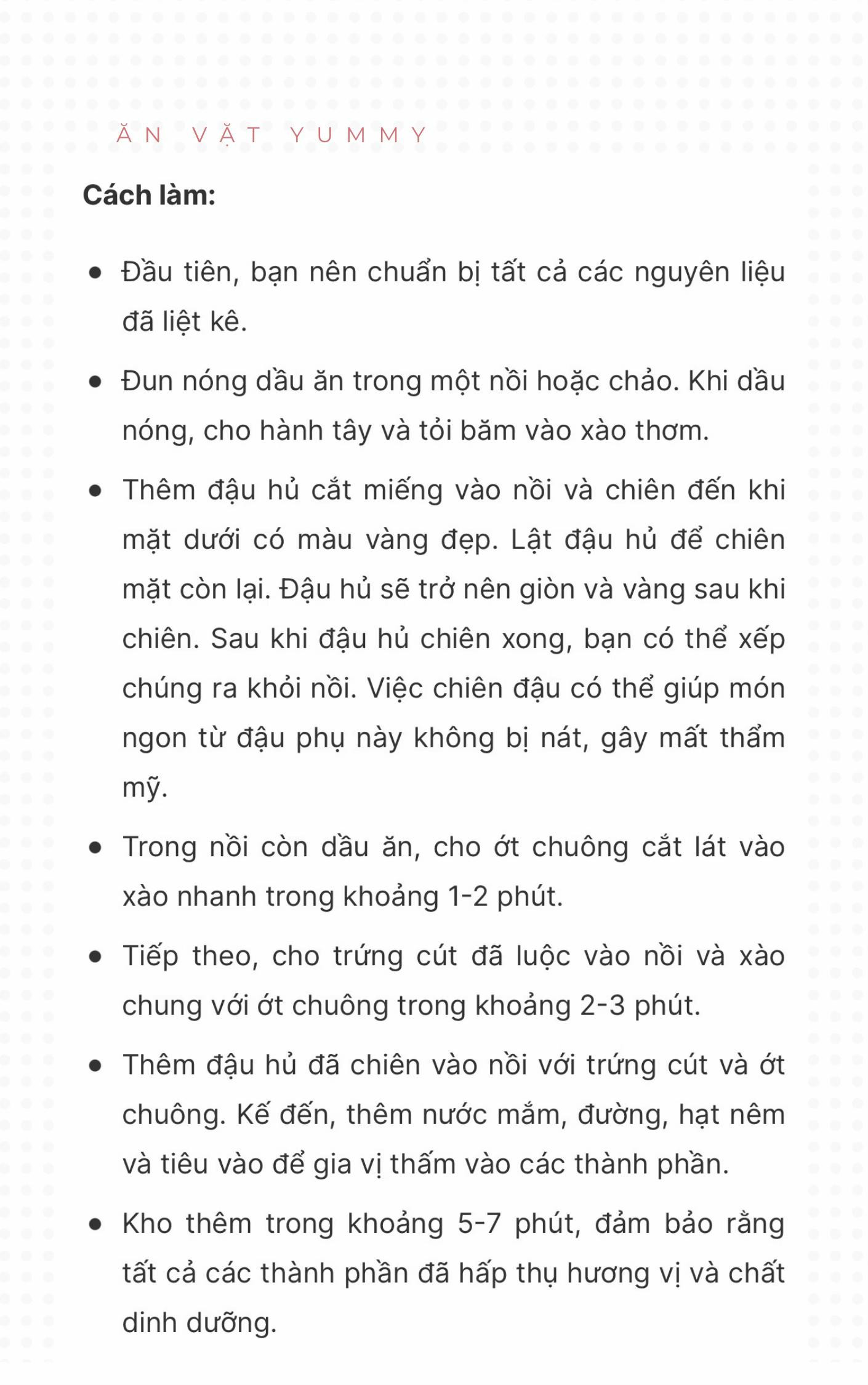 Công thức 15 món từ đậu dễ làm, cực kì thơm ngon: đậu hũ chiên sả ớt, canh rong biển đậu hũ, đậu hũ kho tiêu, đậu hũ kho trứng cút, đậu hũ kho nước tương, đậu hũ sốt chua ngọt, đậu phụ cuốn lá lốt,