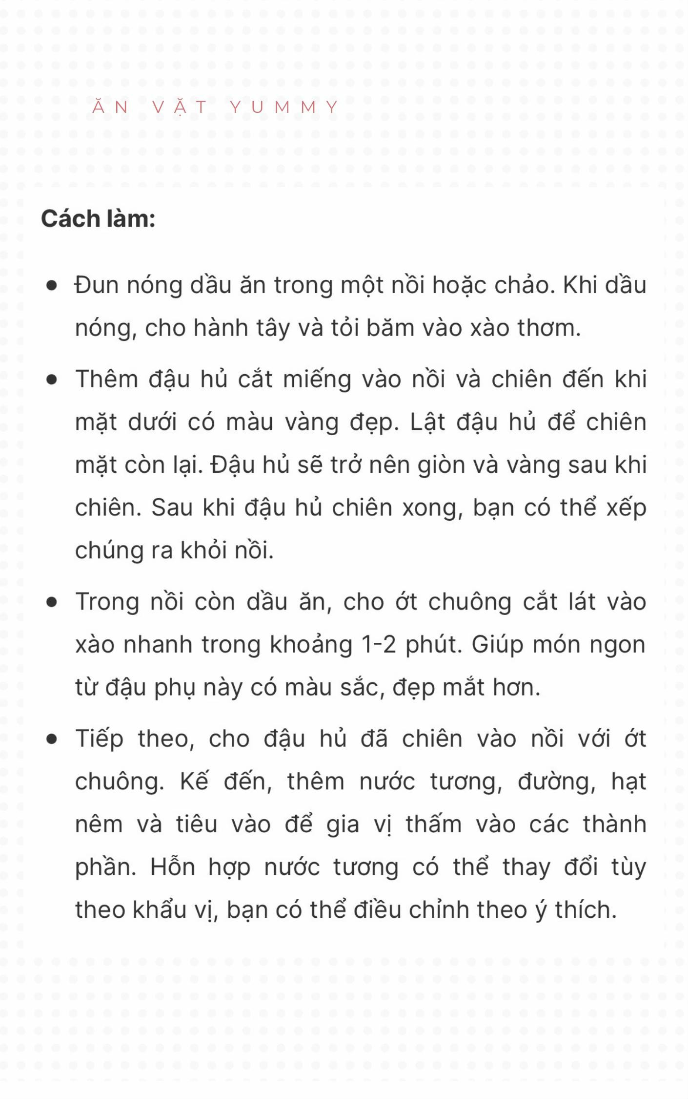 Công thức 15 món từ đậu dễ làm, cực kì thơm ngon: đậu hũ chiên sả ớt, canh rong biển đậu hũ, đậu hũ kho tiêu, đậu hũ kho trứng cút, đậu hũ kho nước tương, đậu hũ sốt chua ngọt, đậu phụ cuốn lá lốt,