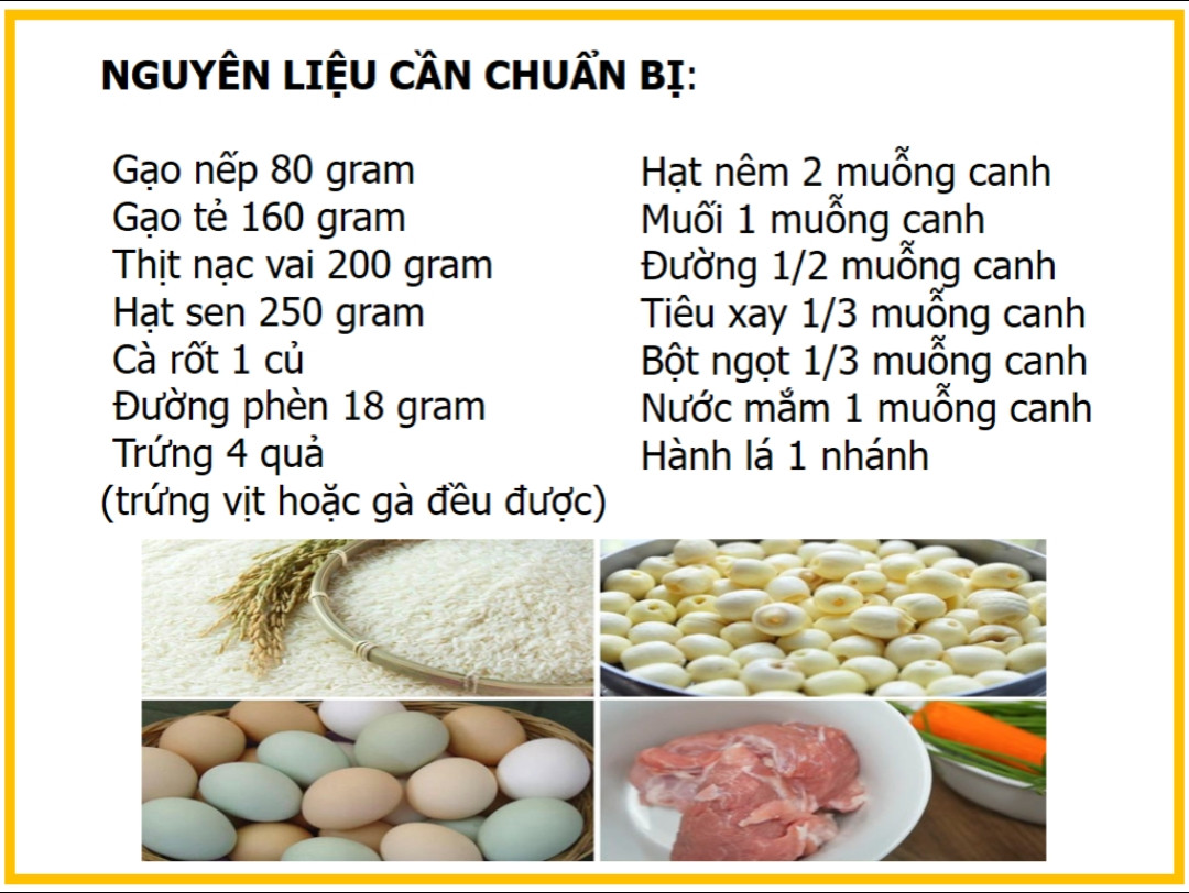 Công thức làm cháo hạt sen thịt bắm và trứng.