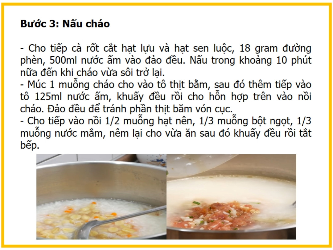 Công thức làm cháo hạt sen thịt bắm và trứng.