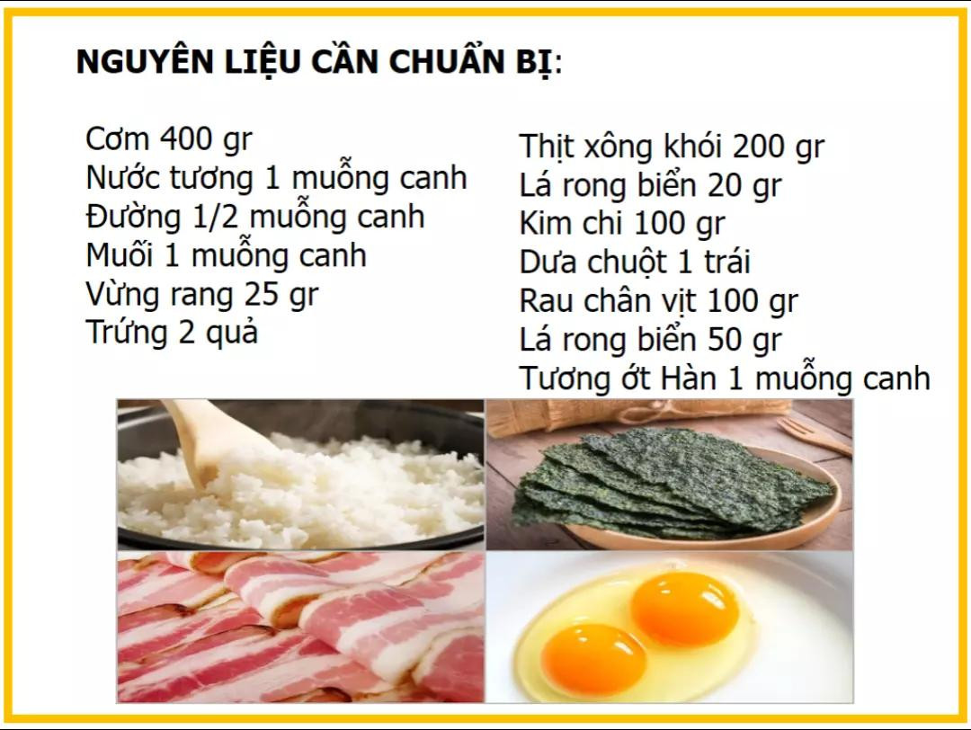 công thức làm cơm cuộn ba rọi xông khói