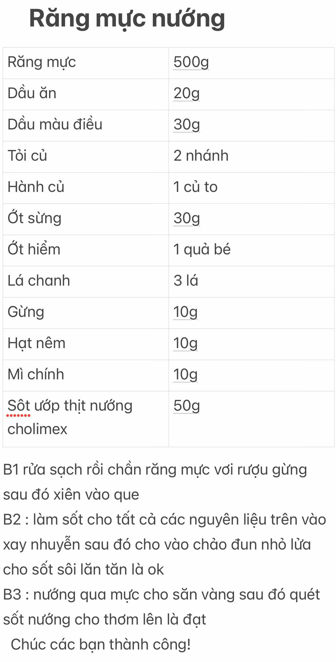 Công thức làm món răng mực nướng.