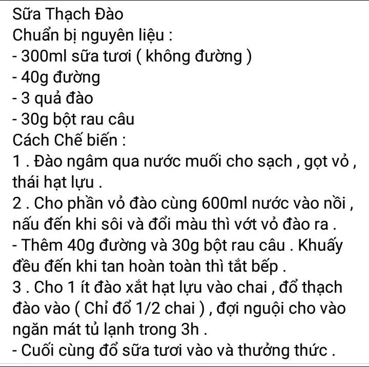 công thức làm sữa thạch đào, sữa thạch chanh dây, sữa thạch dứa, sữa thạch nho, sữa thạch trà chanh.