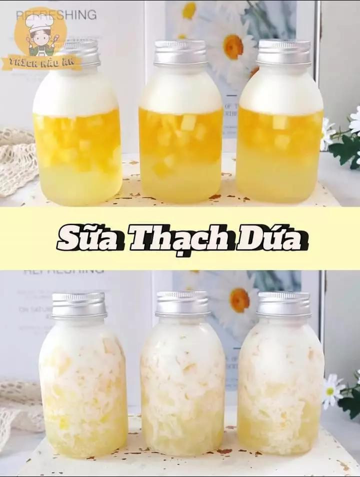 công thức làm sữa thạch đào, sữa thạch chanh dây, sữa thạch dứa, sữa thạch nho, sữa thạch trà chanh.