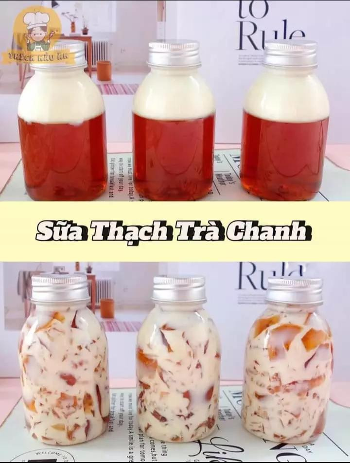 công thức làm sữa thạch đào, sữa thạch chanh dây, sữa thạch dứa, sữa thạch nho, sữa thạch trà chanh.