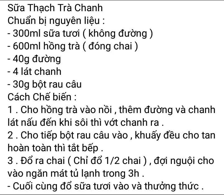 công thức làm sữa thạch đào, sữa thạch chanh dây, sữa thạch dứa, sữa thạch nho, sữa thạch trà chanh.