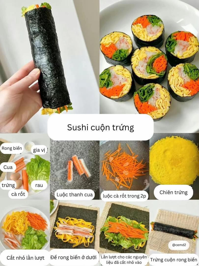 công thức làm xà lách cuộn, sushi cuộn trứng, cơm cuộn gạo lứt, xà lạch cuộn thịt