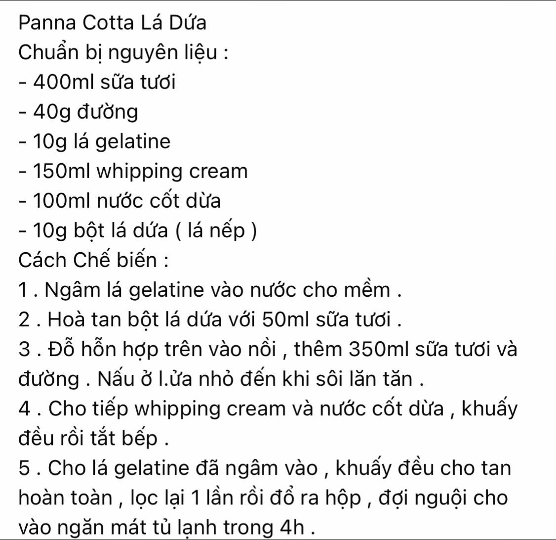 công thức panna cotta lá dứa béo mịn