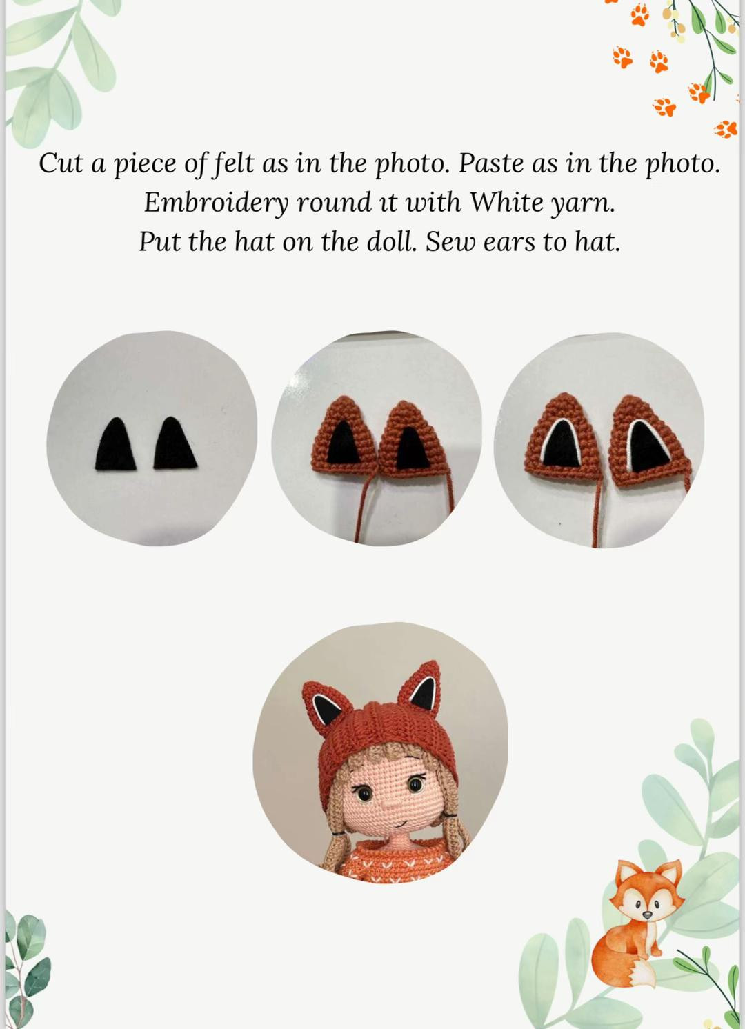 Crochet pattern for a doll wearing a fox-eared hat