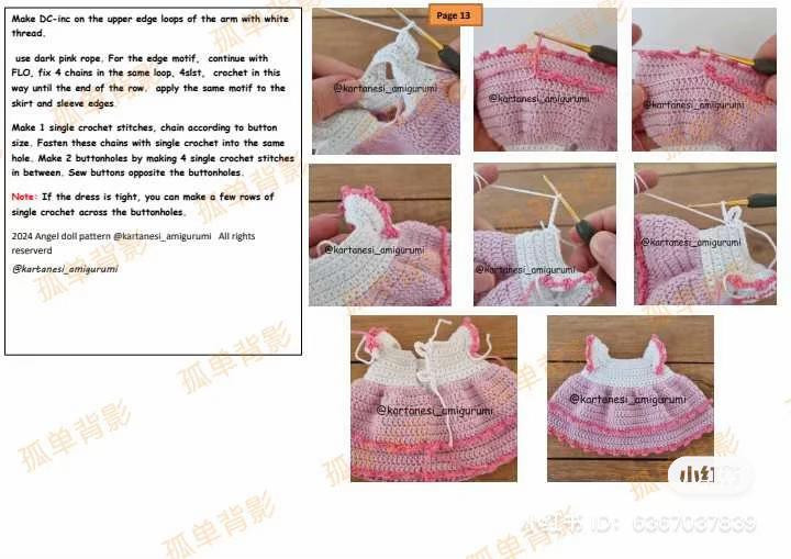 Crochet pattern for a doll wearing a pink dress and bunny ears