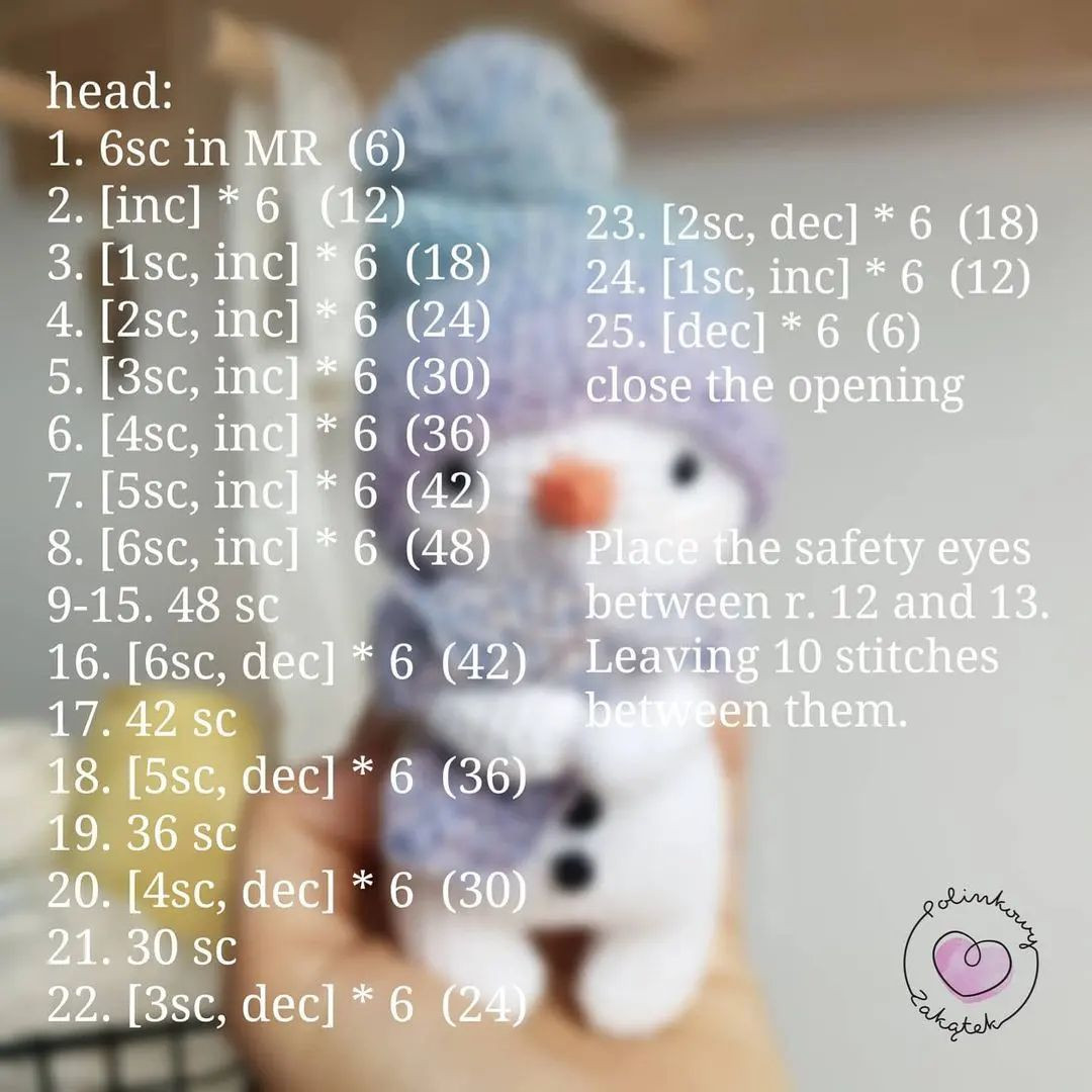 Crochet pattern for a snowman wearing an orange hat and scarf