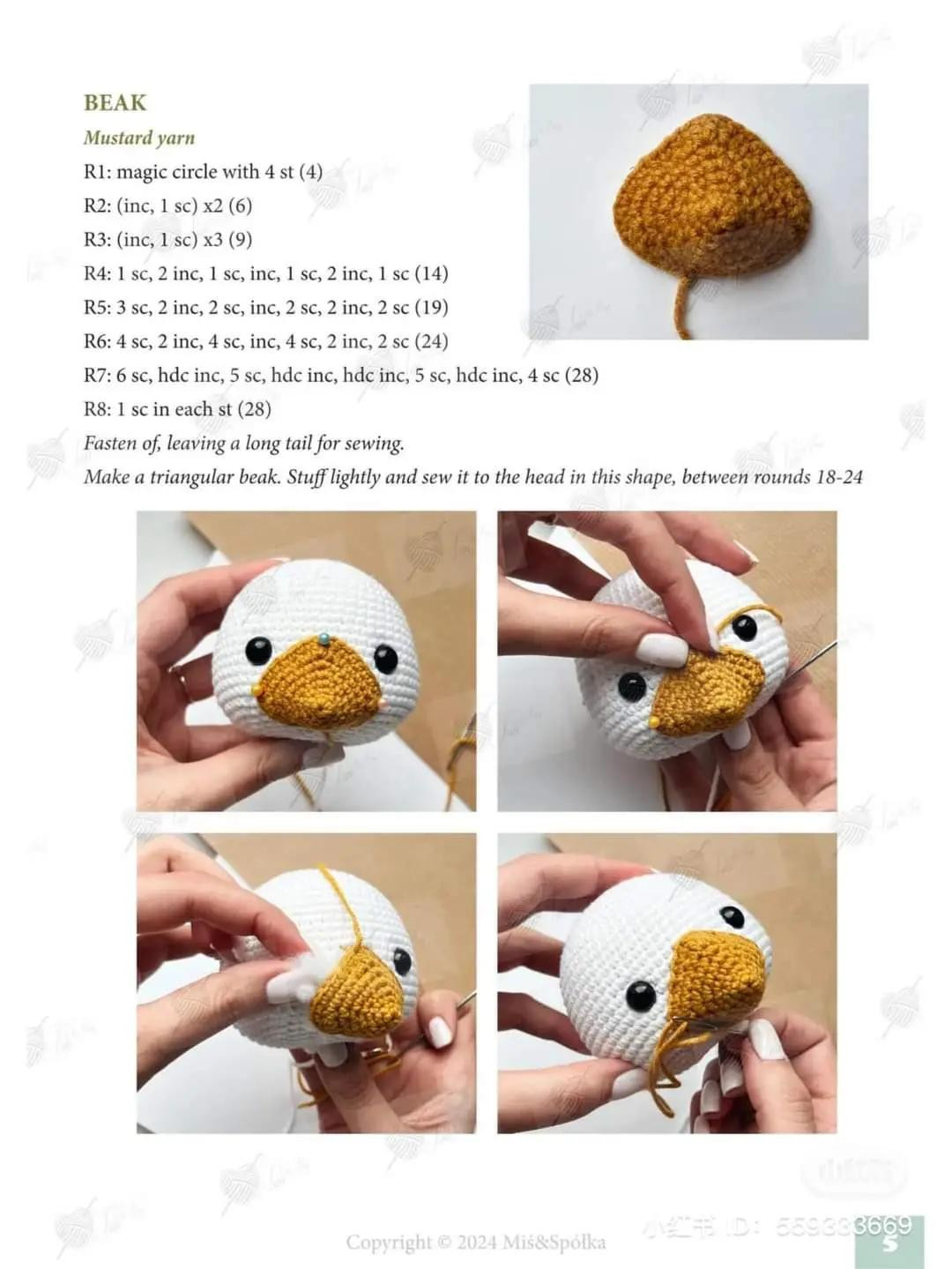 Crochet pattern for a white duck with a yellow beak wearing a bow