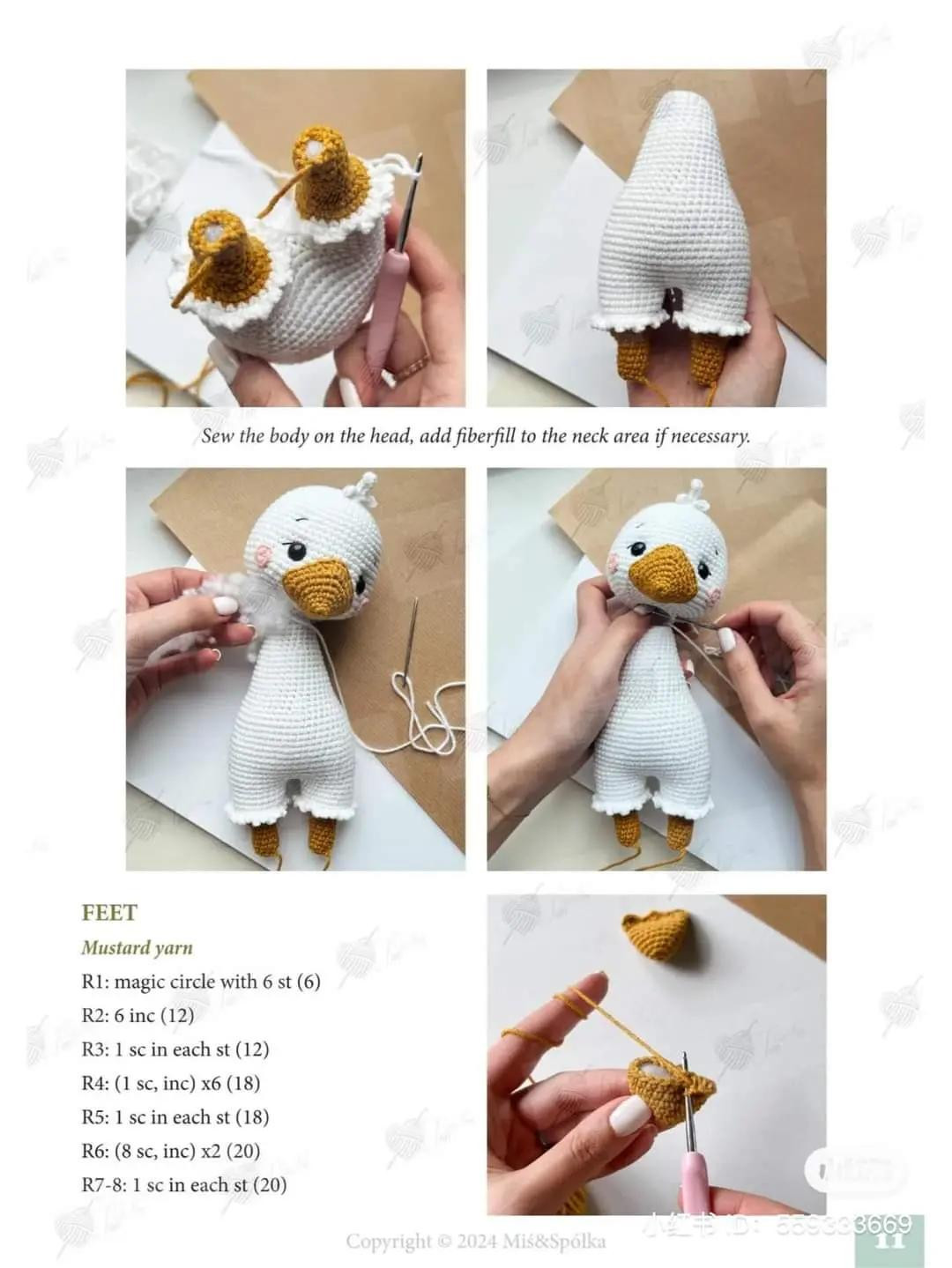 Crochet pattern for a white duck with a yellow beak wearing a bow