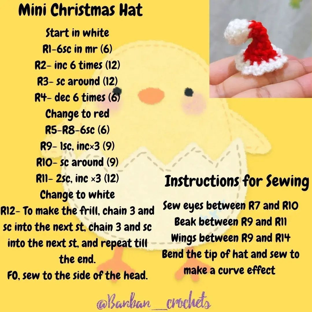 crochet pattern for keychain chicks wearing Christmas hats