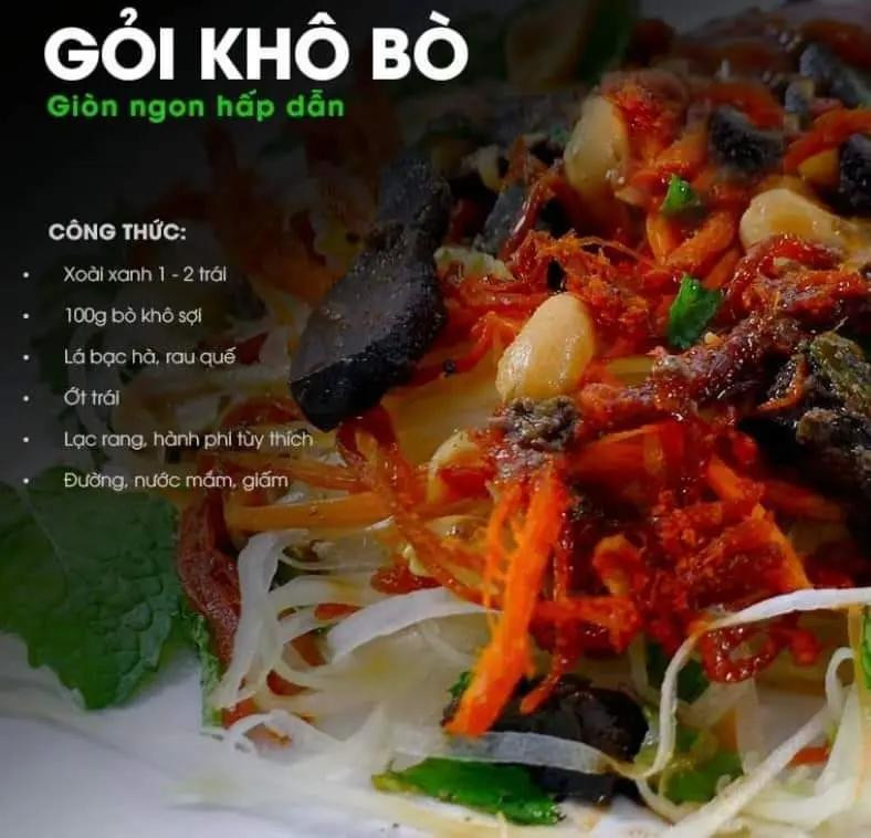 gỏi đu đủ thái lan, gỏi khô bò, gỏi xoài tôm khô, gỏi bò bóp thấu, gỏi vịt bắp cải, gỏi gà xé phay, gỏi cá trích, gỏi bưởi tôm thịt