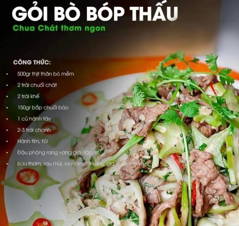 gỏi đu đủ thái lan, gỏi khô bò, gỏi xoài tôm khô, gỏi bò bóp thấu, gỏi vịt bắp cải, gỏi gà xé phay, gỏi cá trích, gỏi bưởi tôm thịt