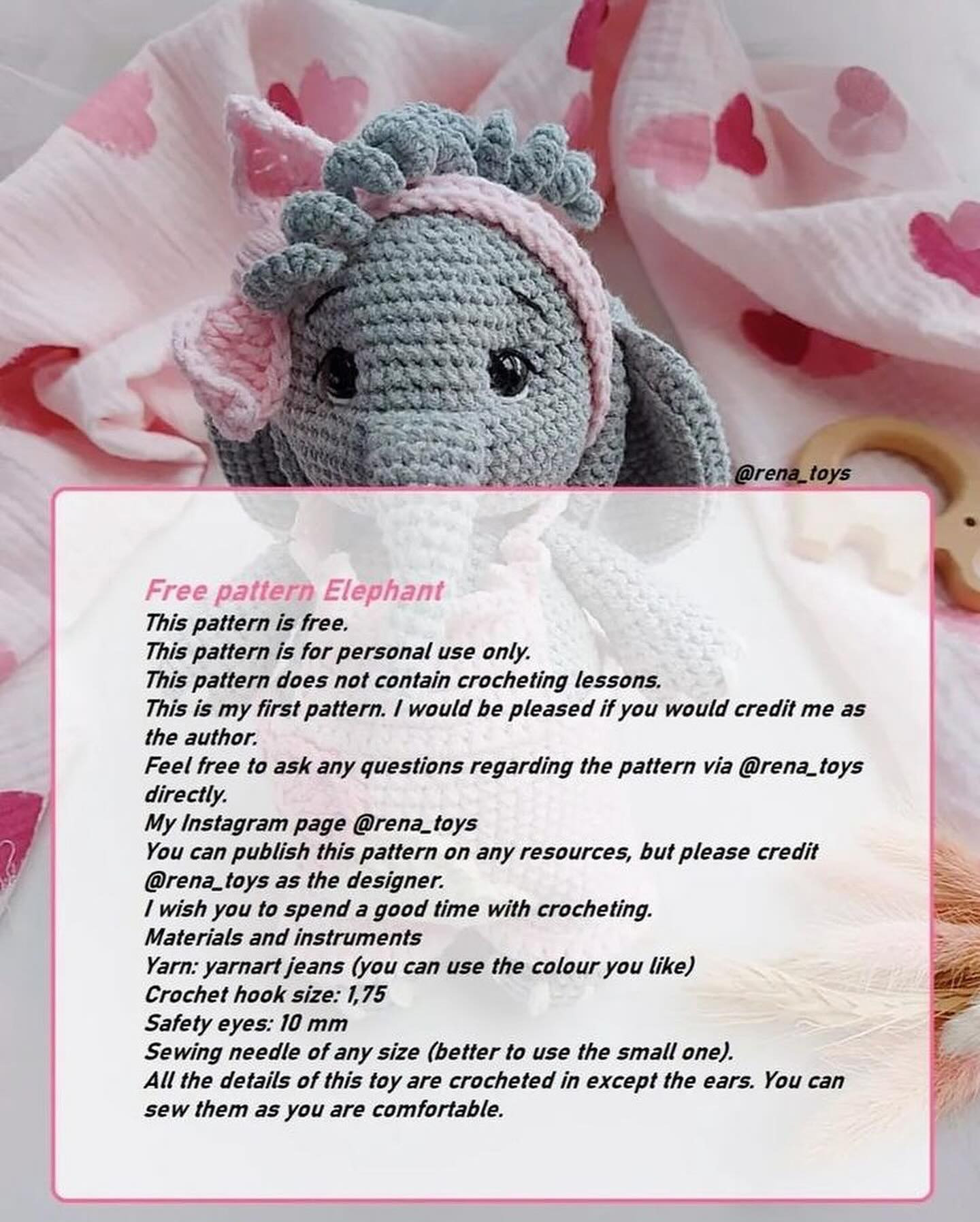 Gray elephant crochet pattern wearing pink dress