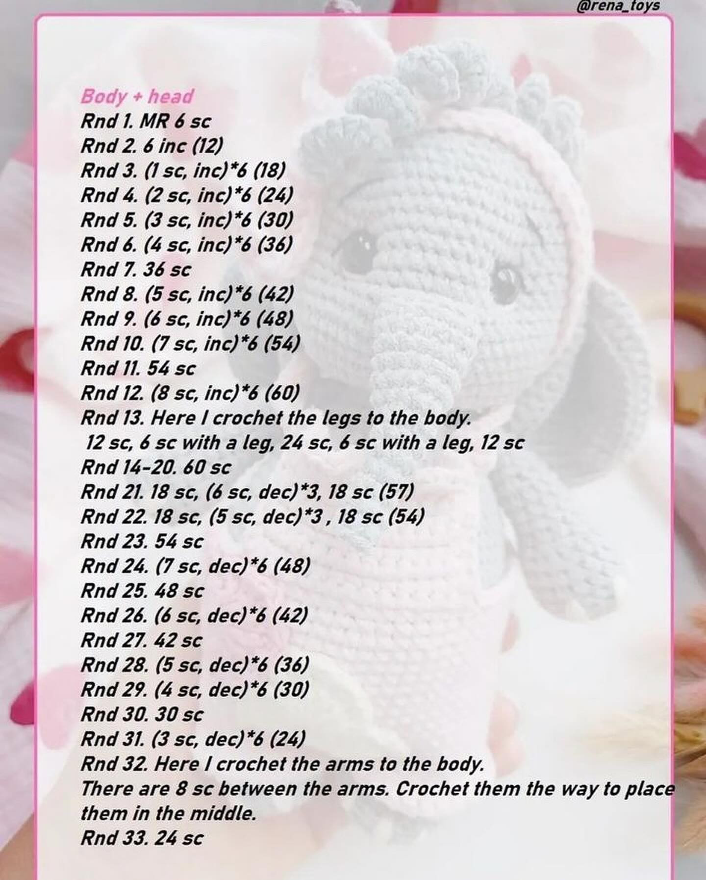 Gray elephant crochet pattern wearing pink dress