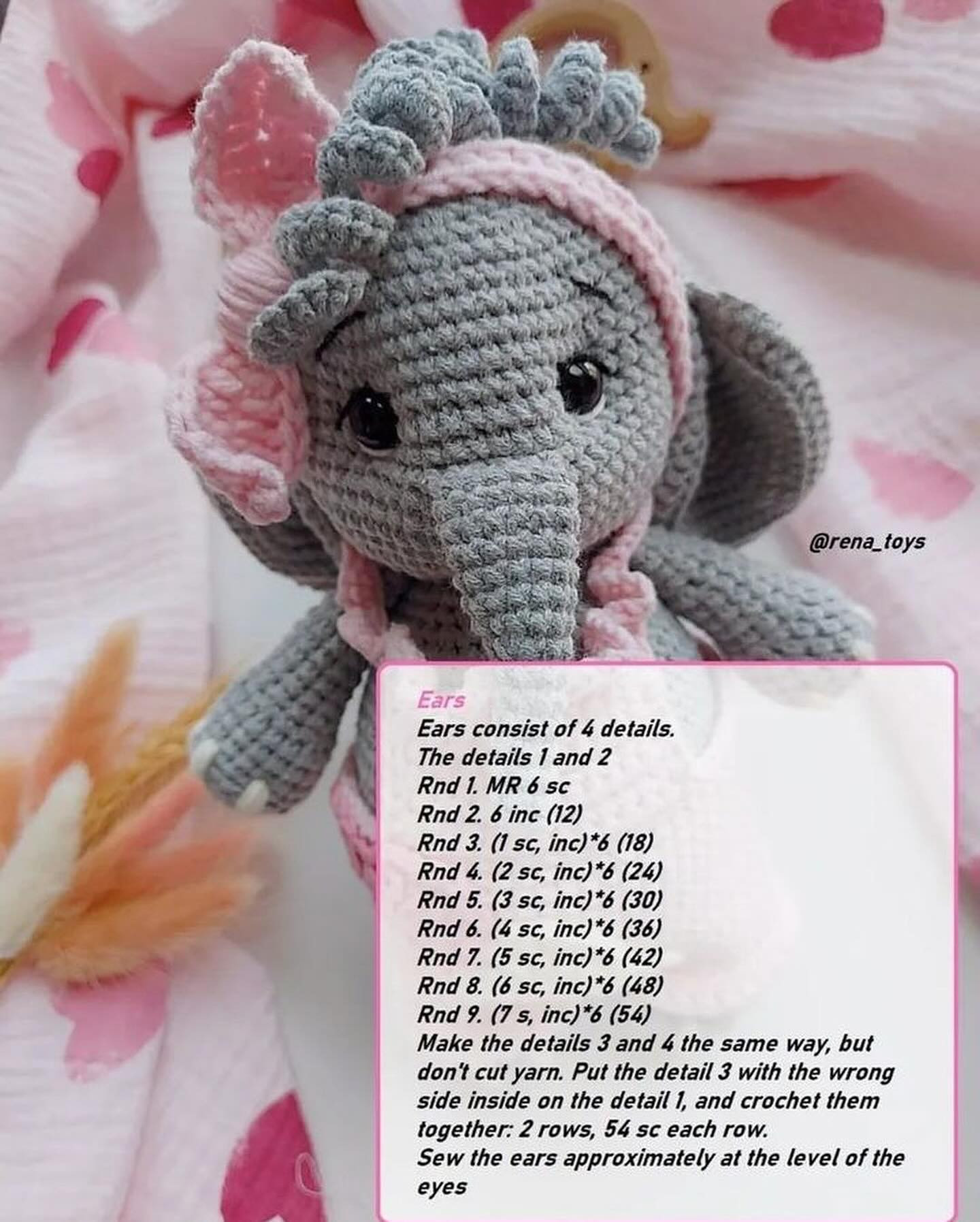 Gray elephant crochet pattern wearing pink dress