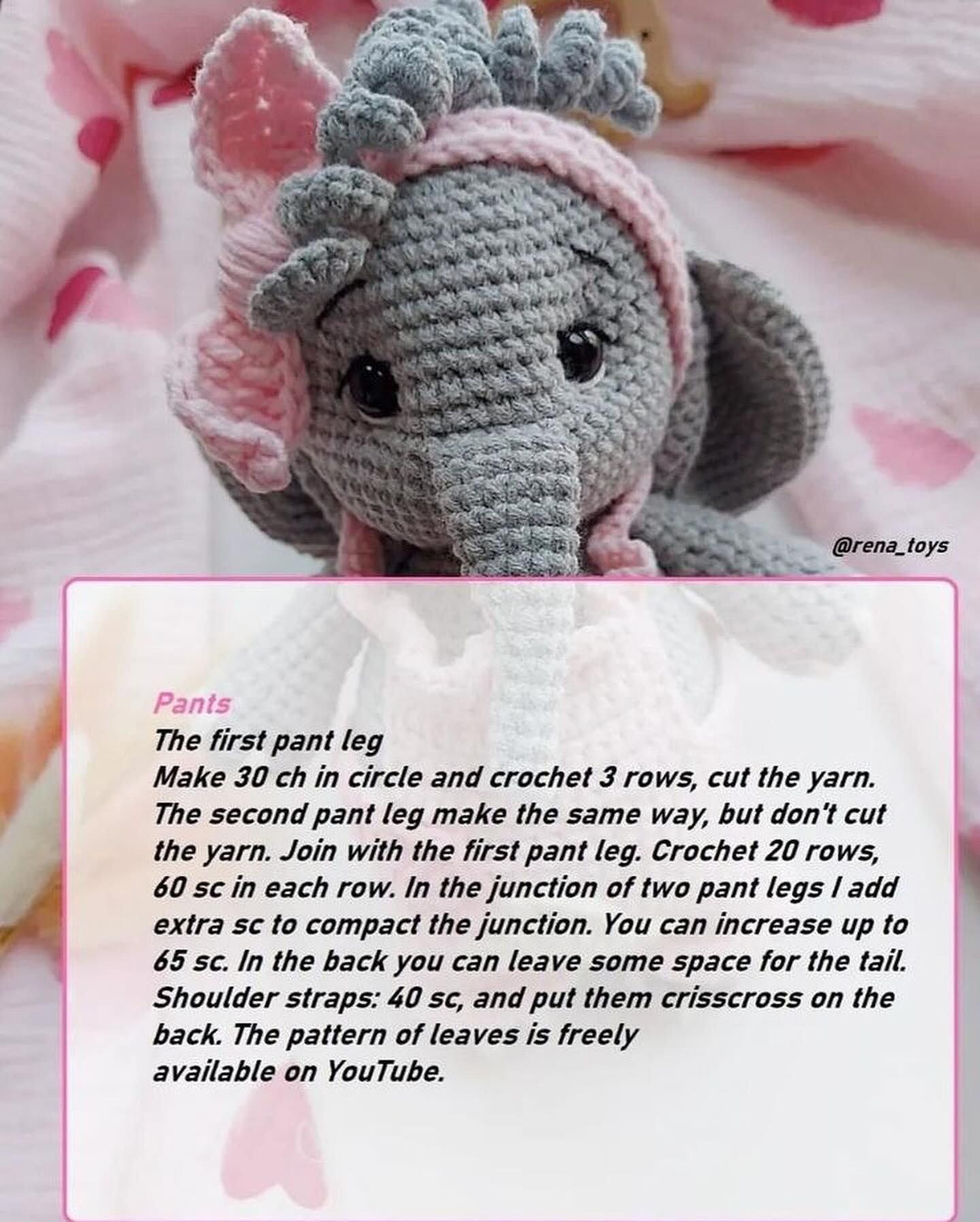 Gray elephant crochet pattern wearing pink dress