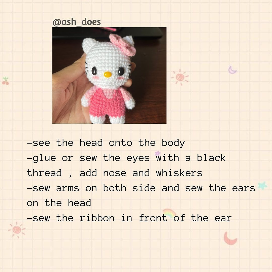 hello kitty free pattern, crochet pattern of kitty cat wearing pink dress and pink bow.