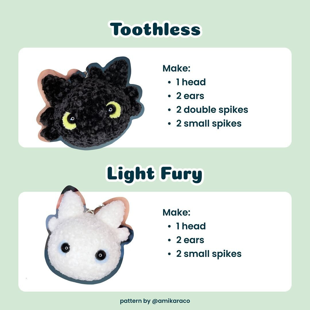 ✨Hiii friends, here’s a free pattern for toothless and light fury keychains!! I’m definitely in my keychain era, they’re so fast and fun to make~ I hope you enjoy this pattern ✨