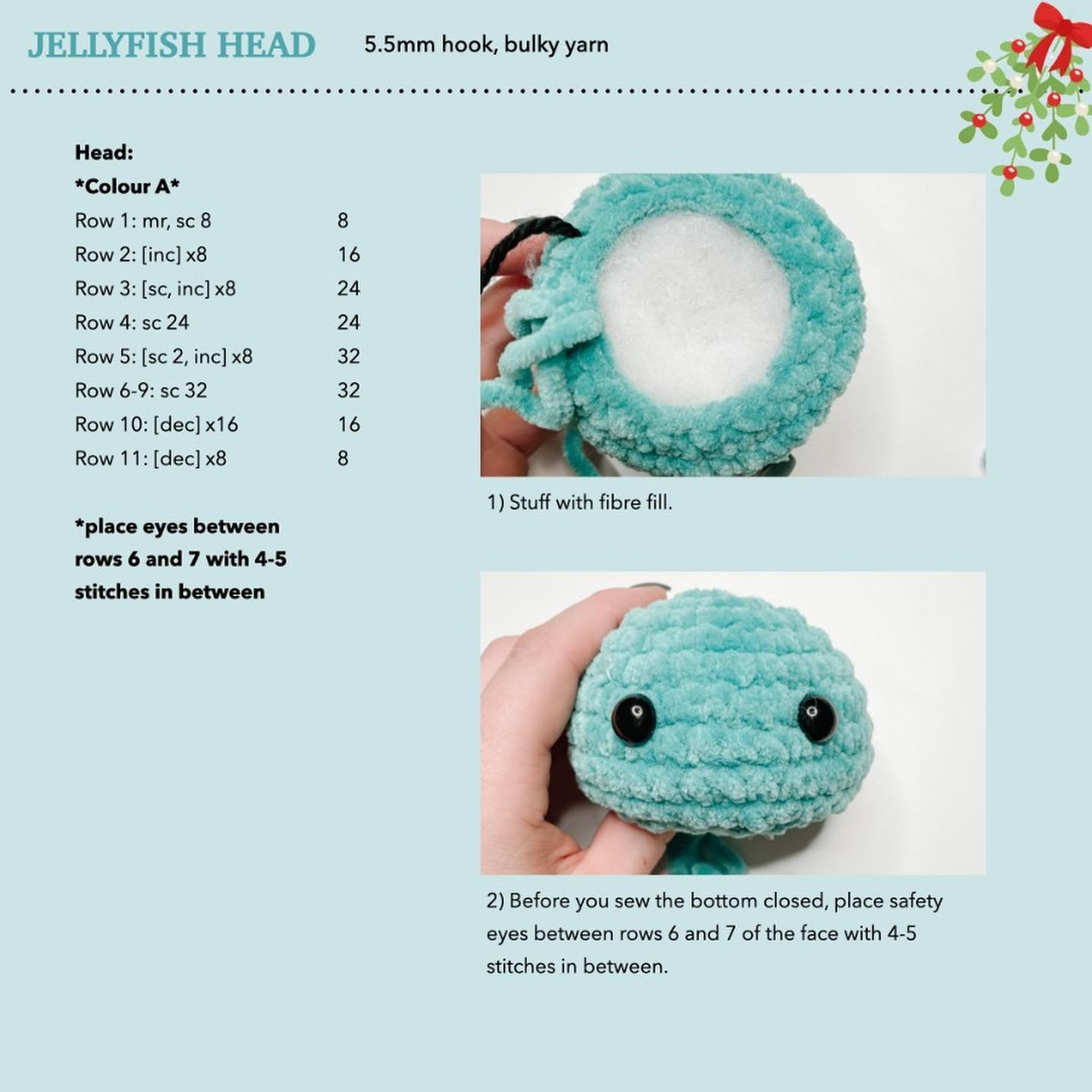 Jellyfish crochet pattern wearing Christmas hat