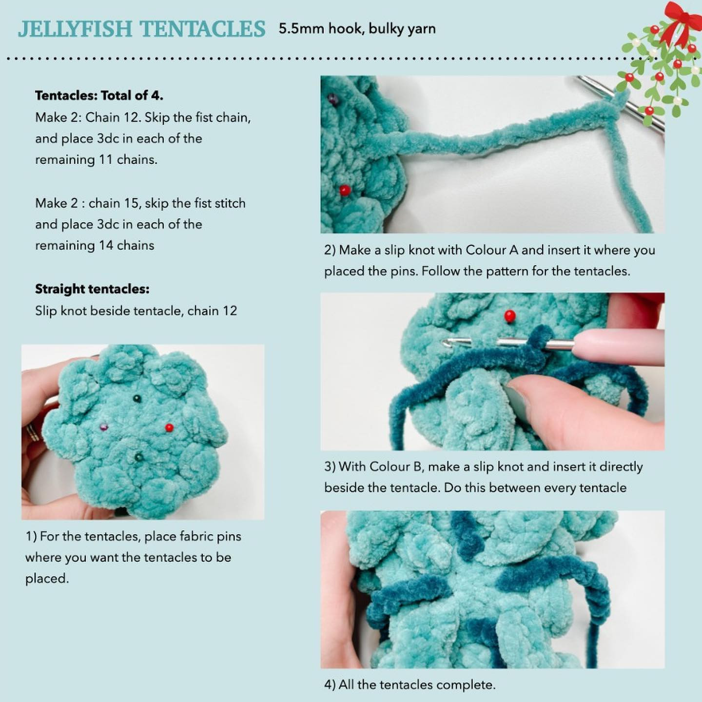 Jellyfish crochet pattern wearing Christmas hat