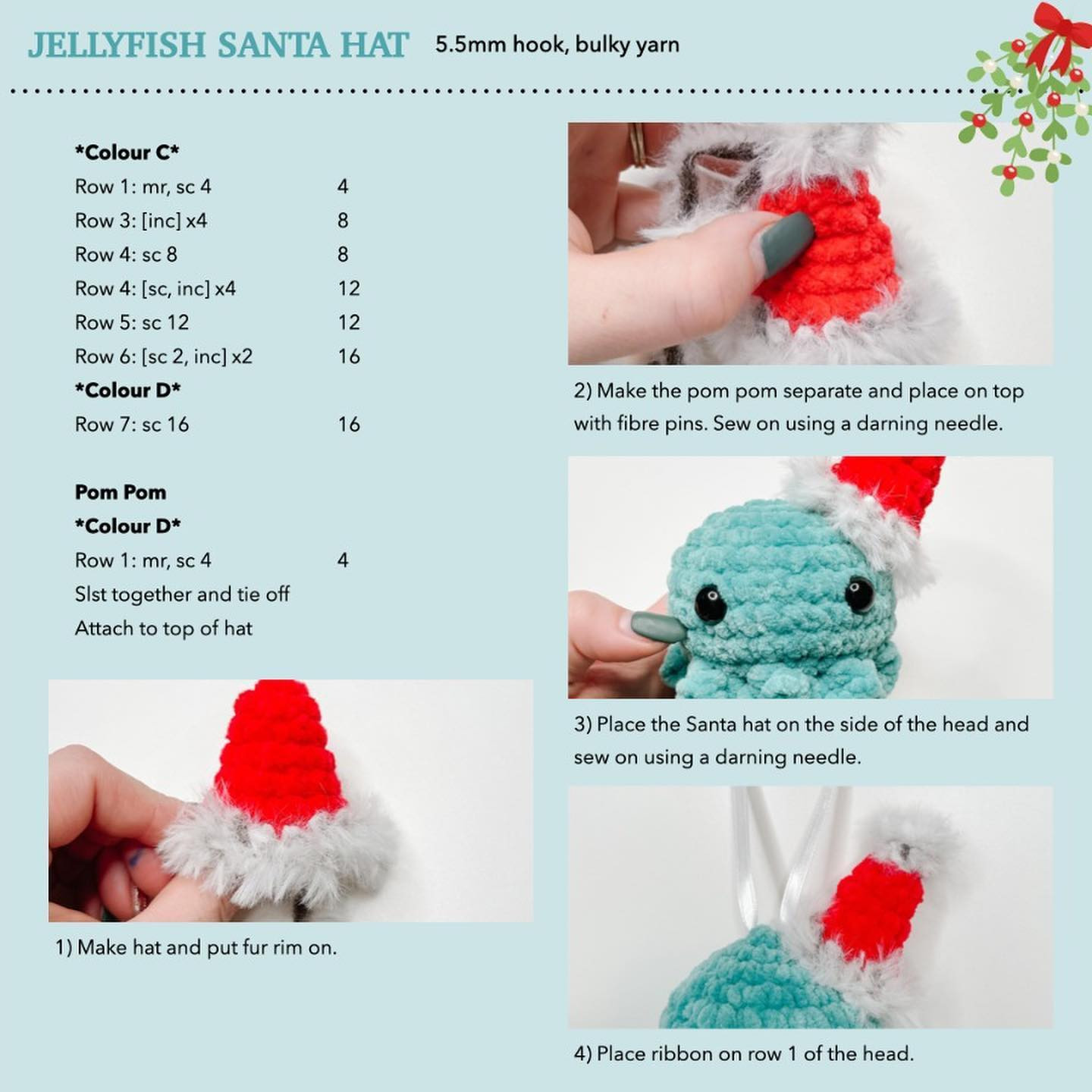 Jellyfish crochet pattern wearing Christmas hat