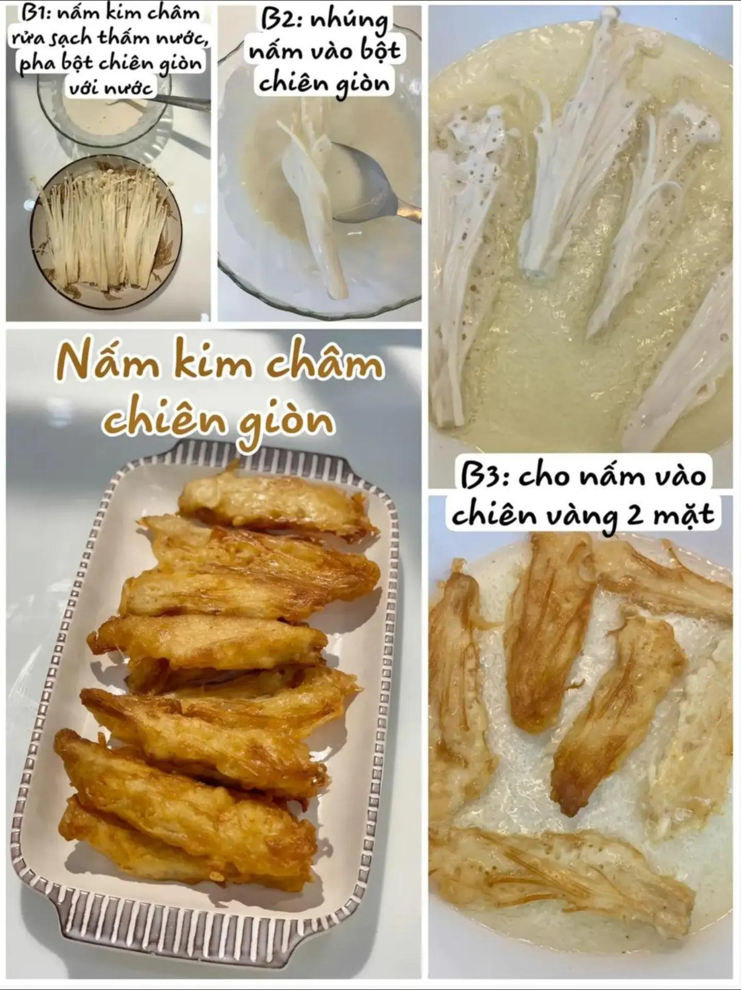 nấm rơm kho tiêu, nấm kim châm chiên giòn, canh bông cải nấm kim châm.