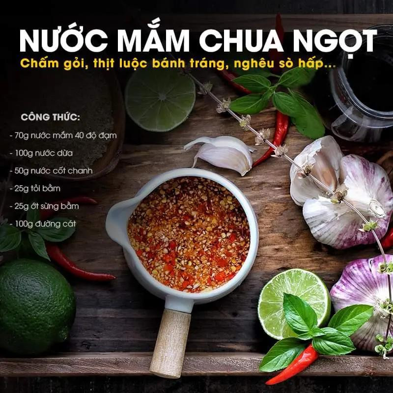 nước mắm gừng, chấm hải sản, ốc, thịt gà, bò dê cừu, nước mắm chua ngọt, chấm gỏi, thịt luộc bánh tráng ghêu sò hấp, nước chấm bánh xèo, nước chấm bún chả