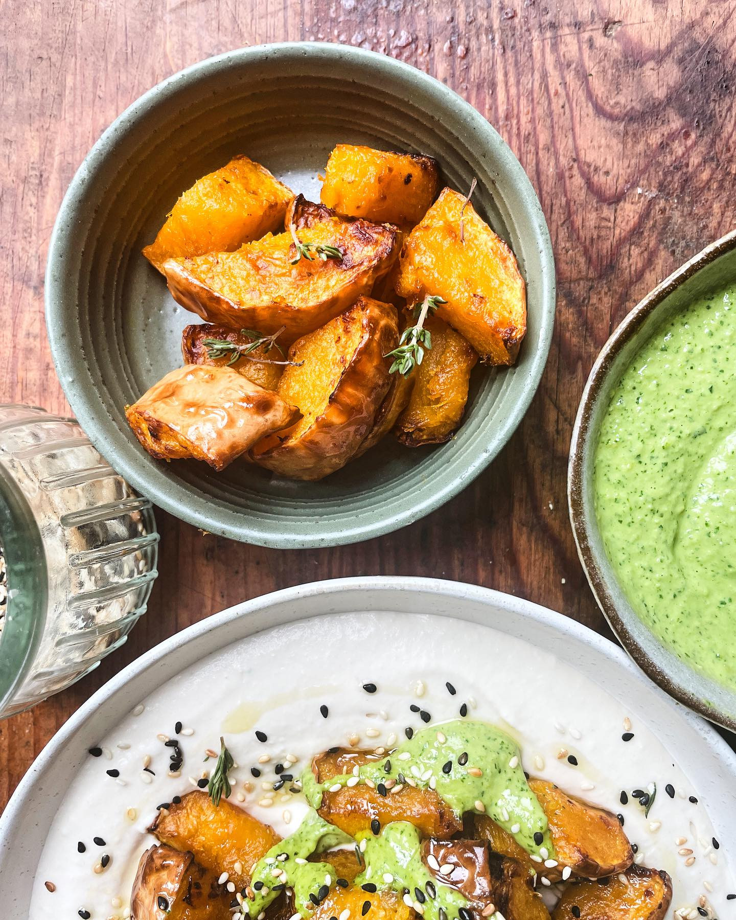 One of my favourite layered dishes for you - Harissa tomatoes, crispy soy tofu, gram flour flatbread, yogurt and salty seeds!