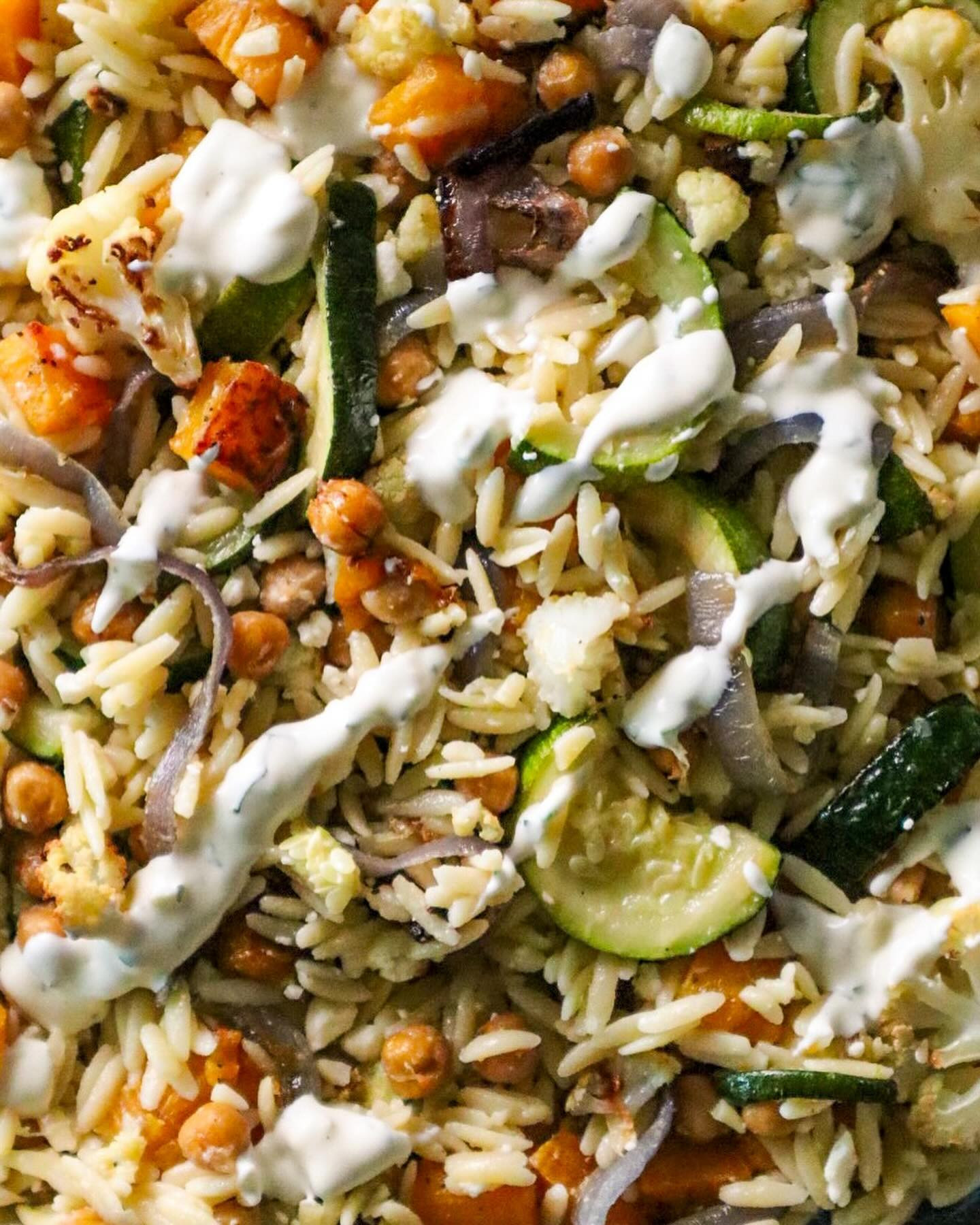 Roasted Vegetable Orzo Pasta Salad with Creamy Garlic Herb Dressing: