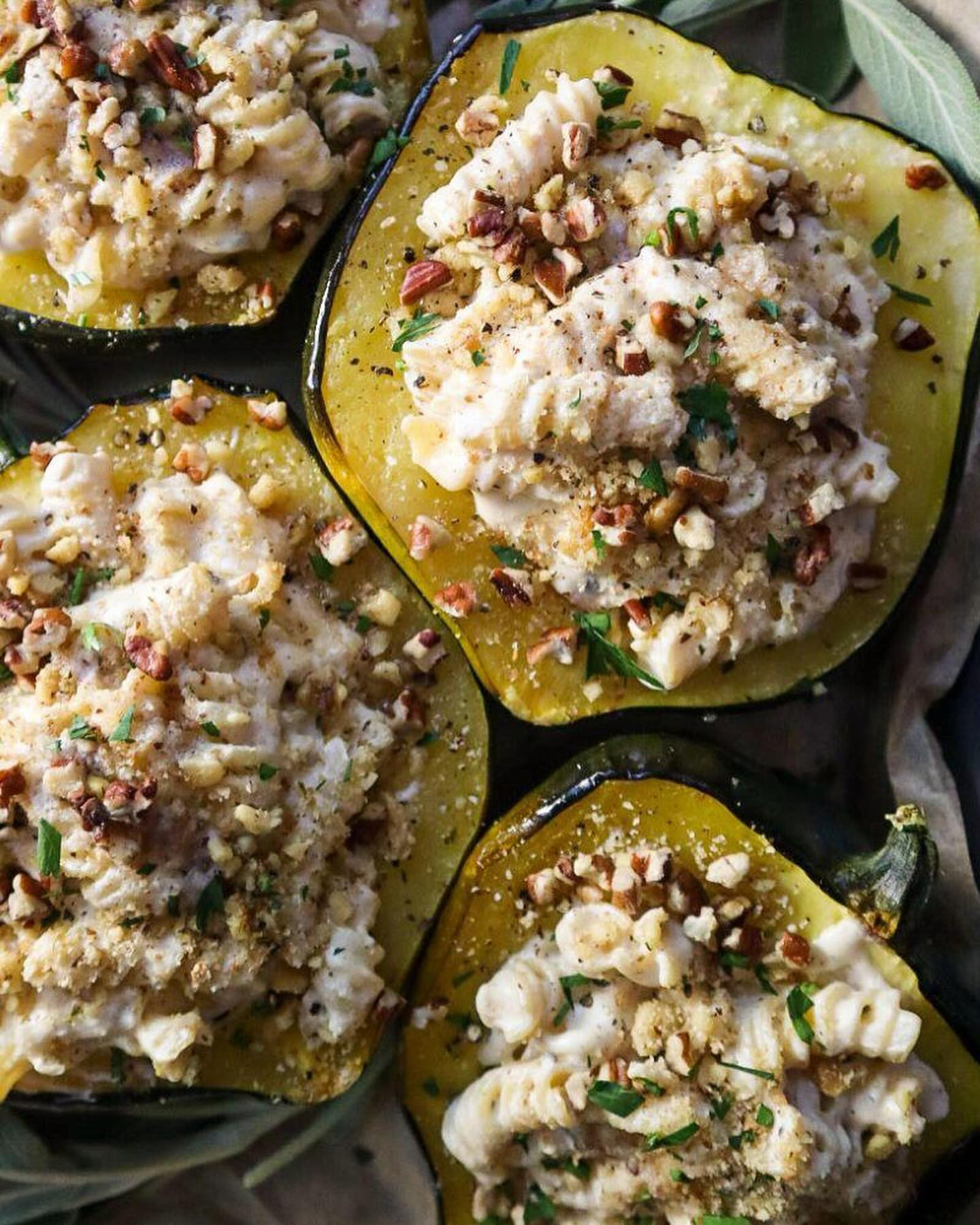 Sage + White Cheddar Mac & Cheese Stuffed Acorn Squash: