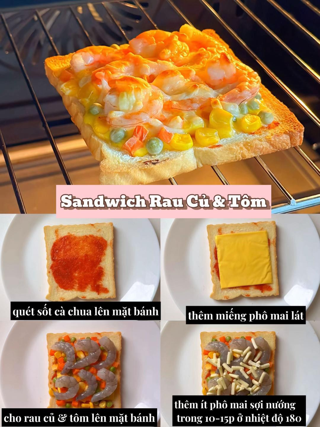 sandwich xúc xích phô mai, sandwich thịt nguội trứng, sandwich nướng ngọt, sandwich rau củ và tôm