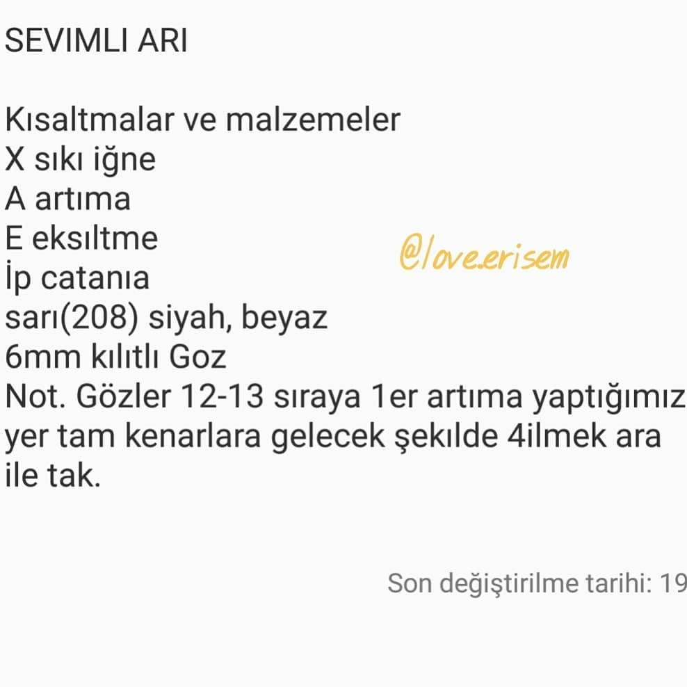 Sarı arı tığ işi modeli, beyaz kanatlar.