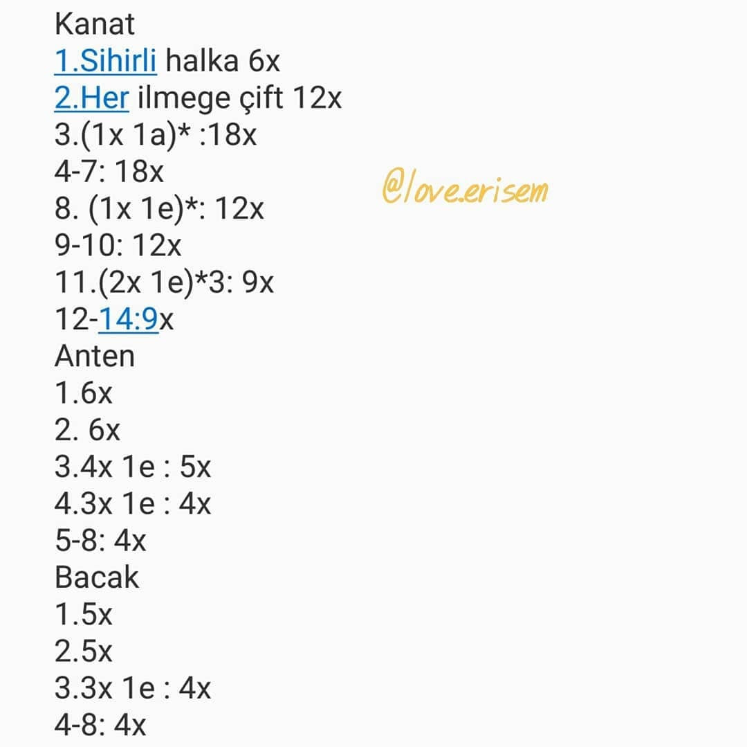 Sarı arı tığ işi modeli, beyaz kanatlar.